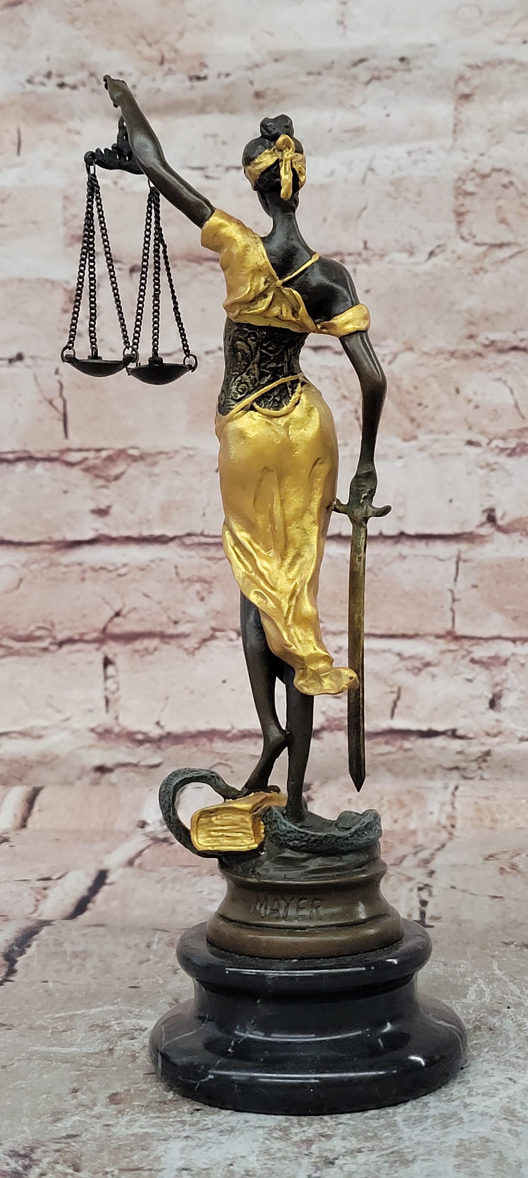 Lady Justicia Bronze Sculpture Gold Patina Scales Blind Justice Law Statue