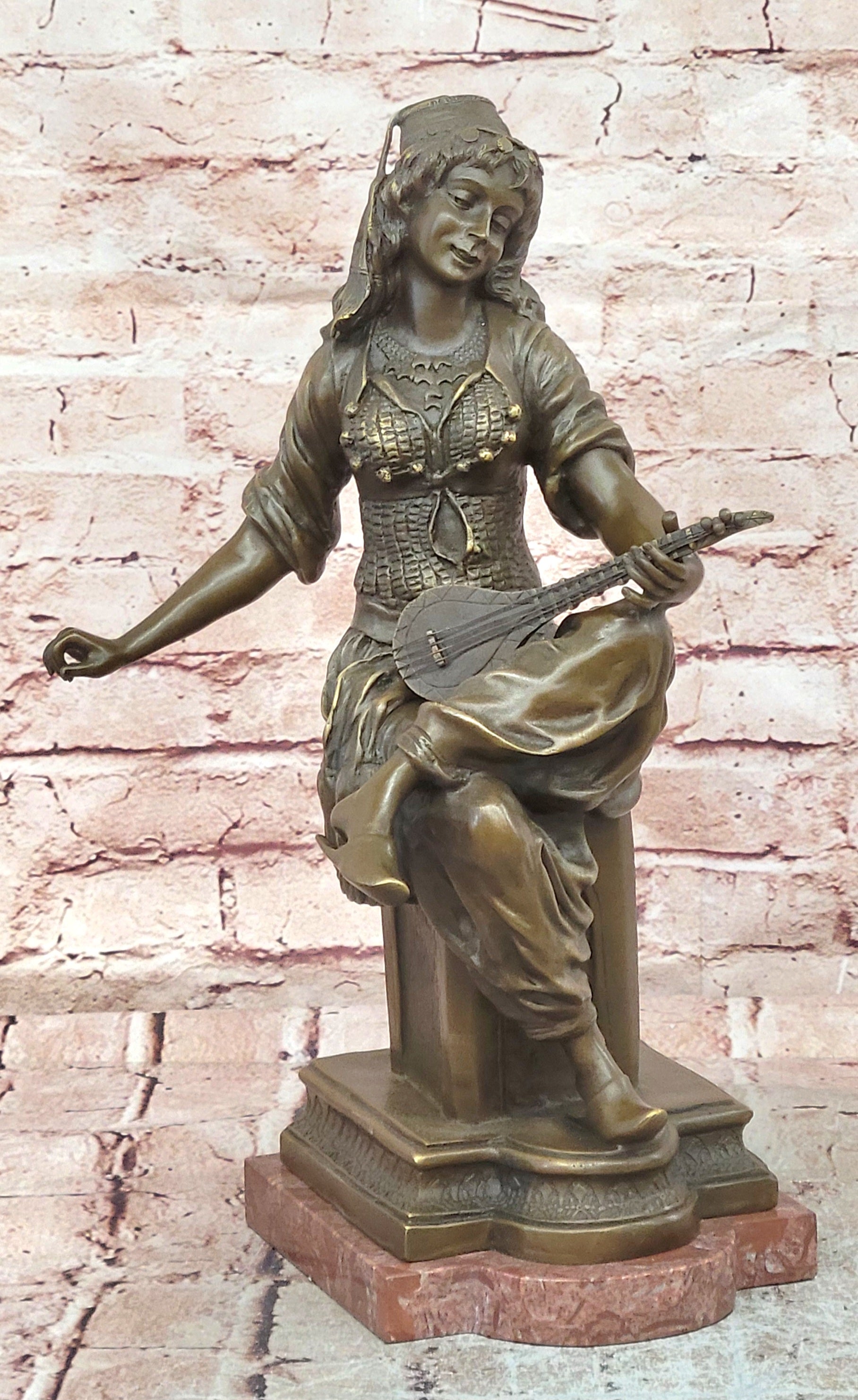 Art Deco Bronze Lute Player Statue Signed Milo Female Musician Sculpture