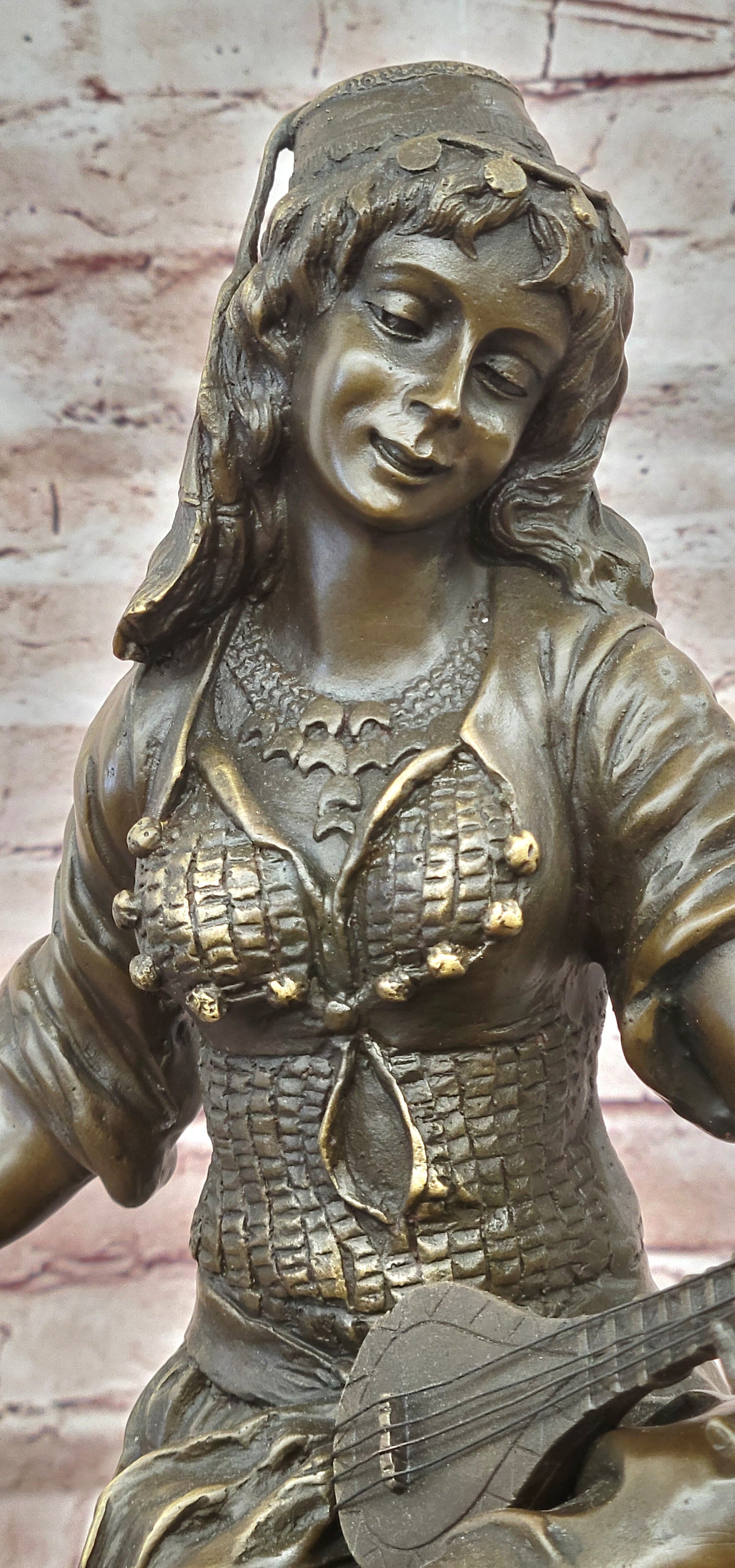 Art Deco Bronze Lute Player Statue Signed Milo Female Musician Sculpture