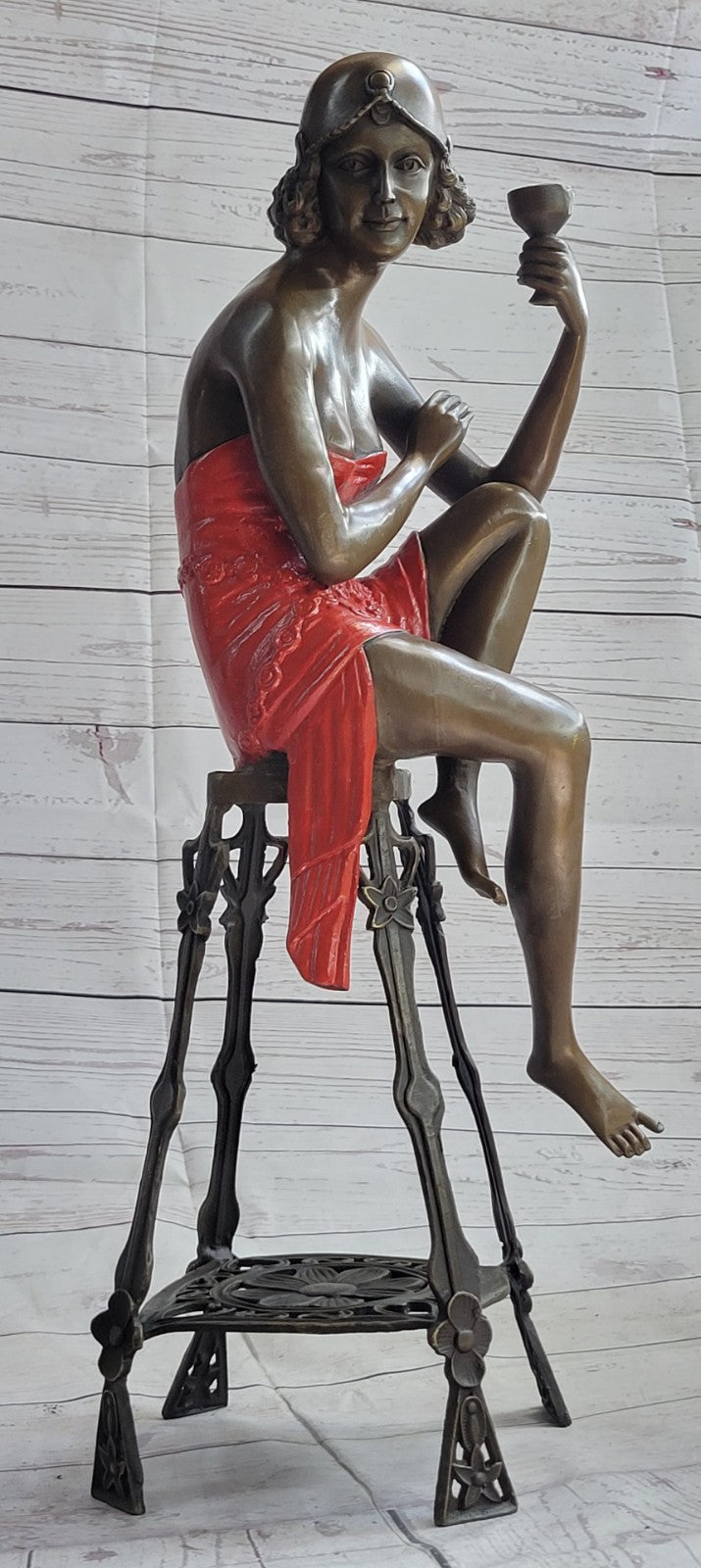 100% Bronze lady holding champagne cup on stool statues Art Nouveau Sale
