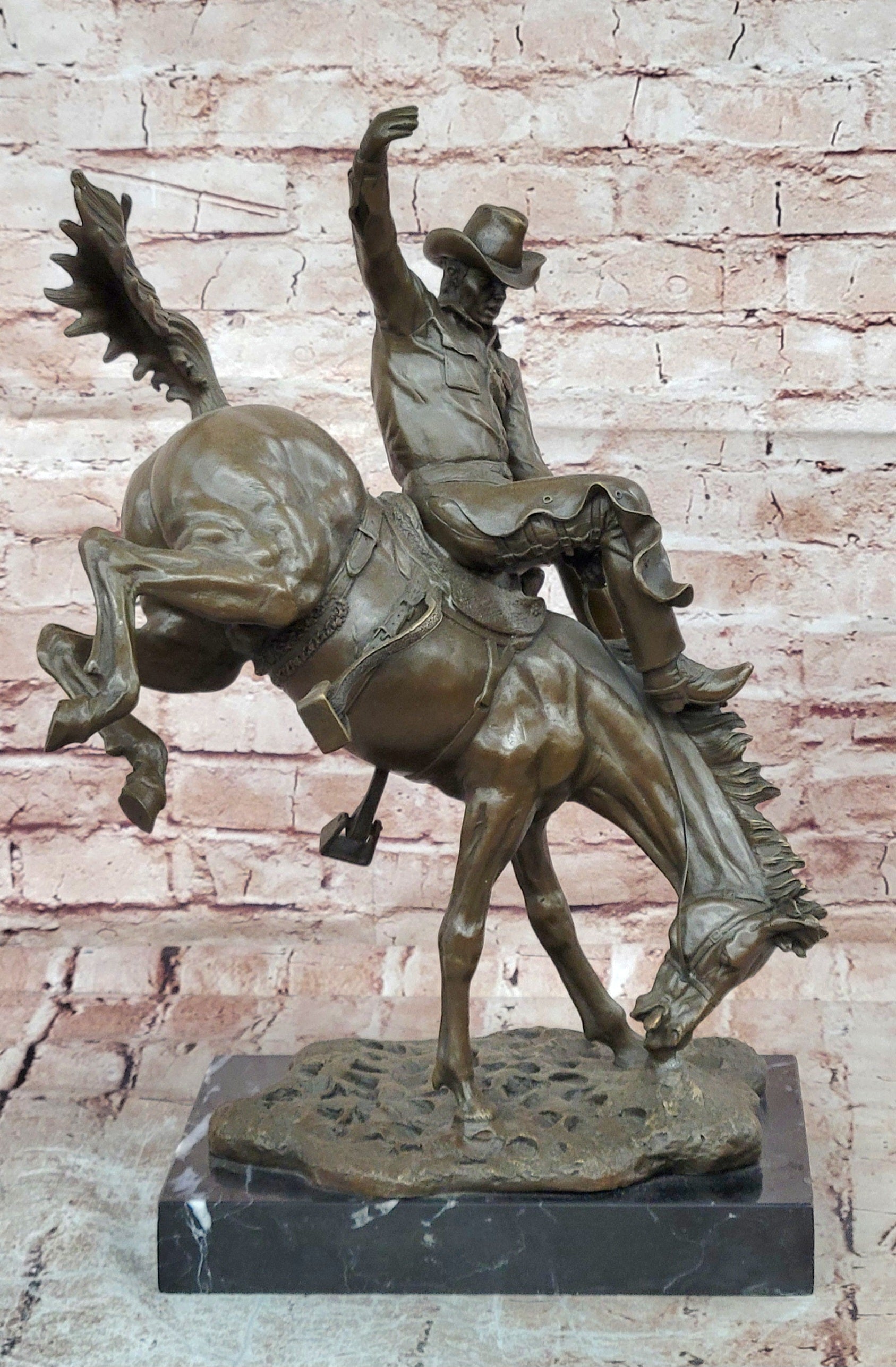 Remington Style Bronze Horse Rider Sculpture Cowboy Bronco Buster Art Statue