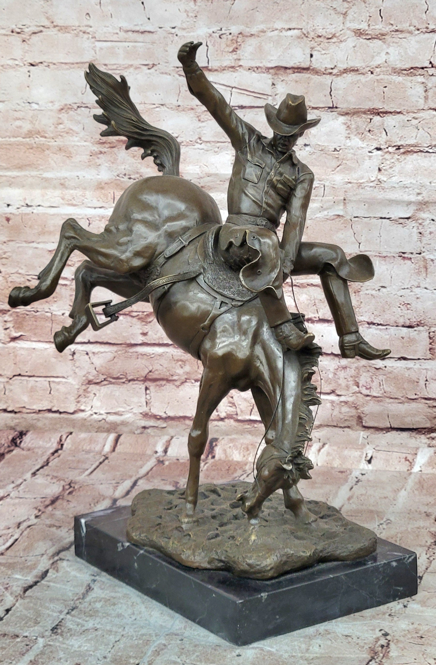 Remington Style Bronze Horse Rider Sculpture Cowboy Bronco Buster Art Statue