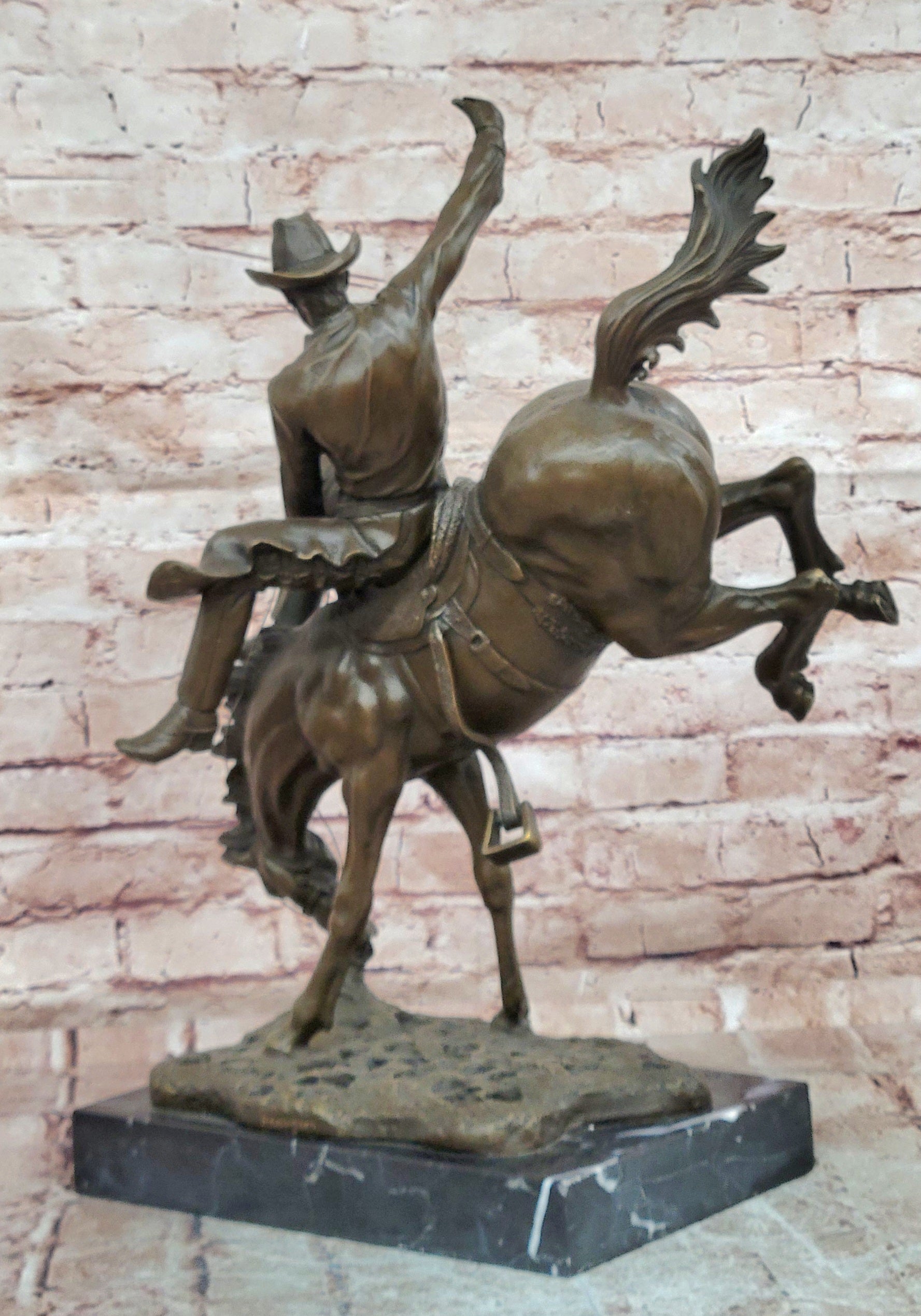 Remington Style Bronze Horse Rider Sculpture Cowboy Bronco Buster Art Statue