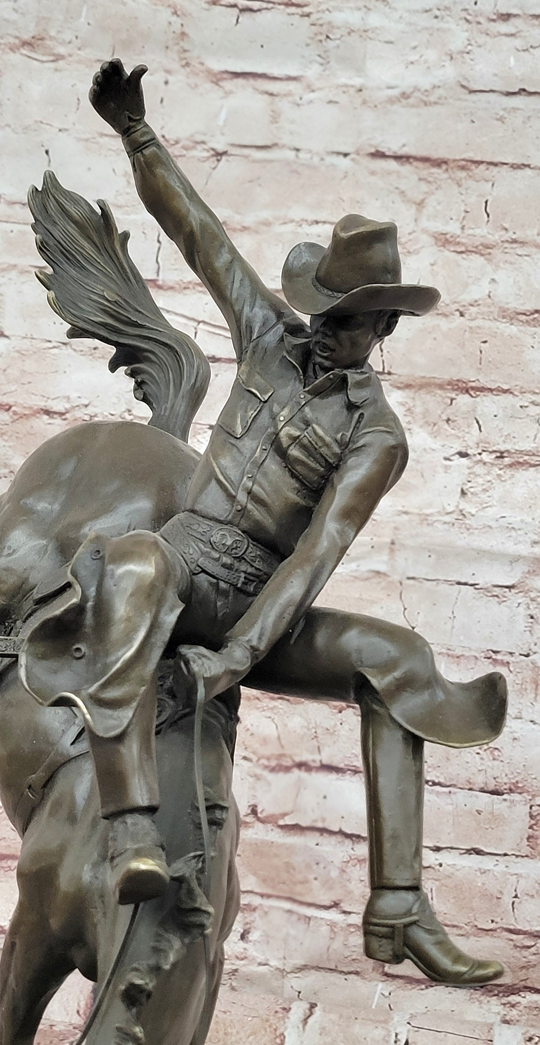 Remington Style Bronze Horse Rider Sculpture Cowboy Bronco Buster Art Statue