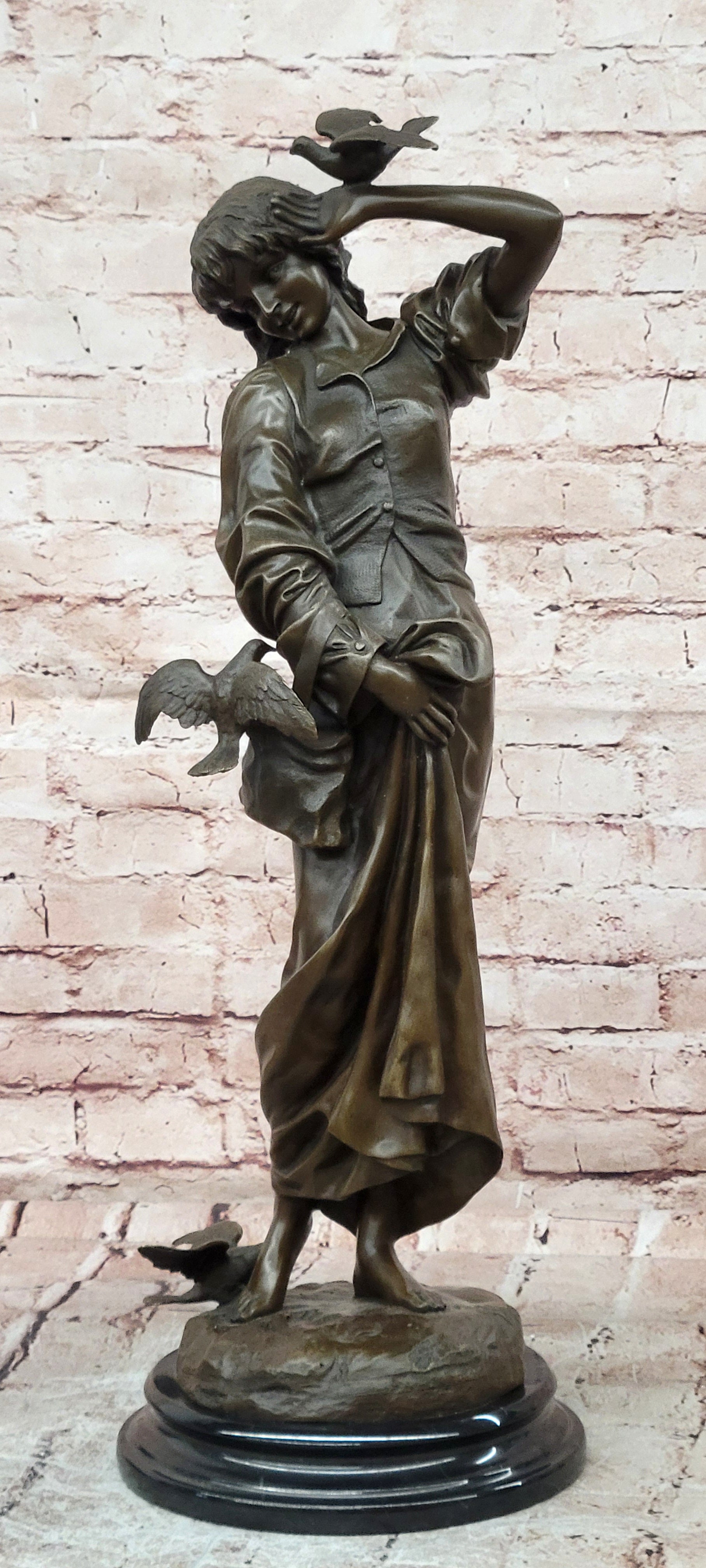 Signed Milo Bronze Woman Bird Interaction Sculpture Classic Art Statue
