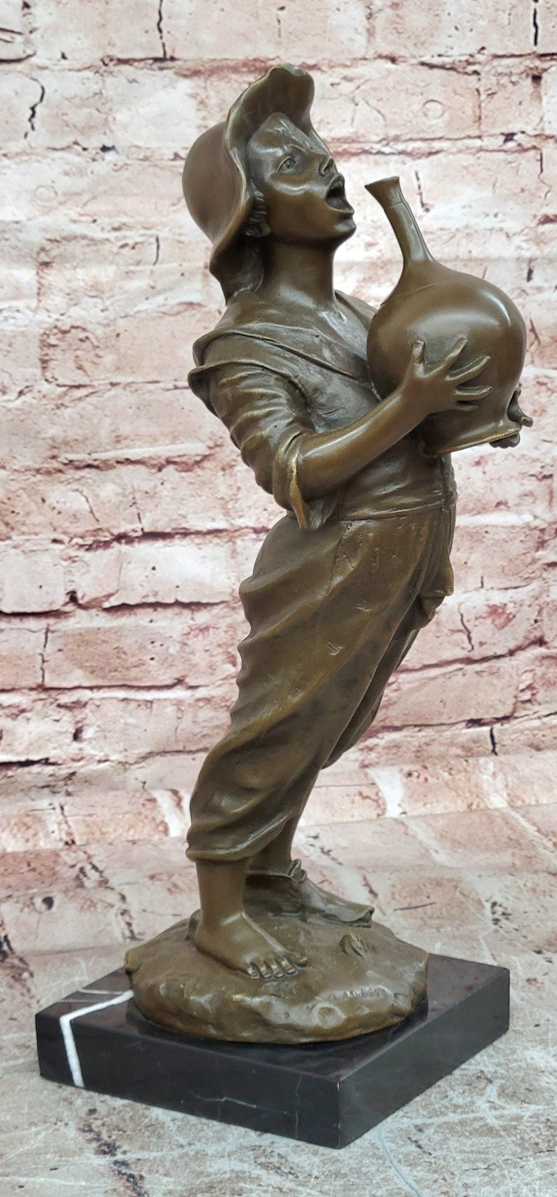 Bronze Sculpture Boy with Wine Jug Signed Paul Dubois Hand Cast Art Figurine