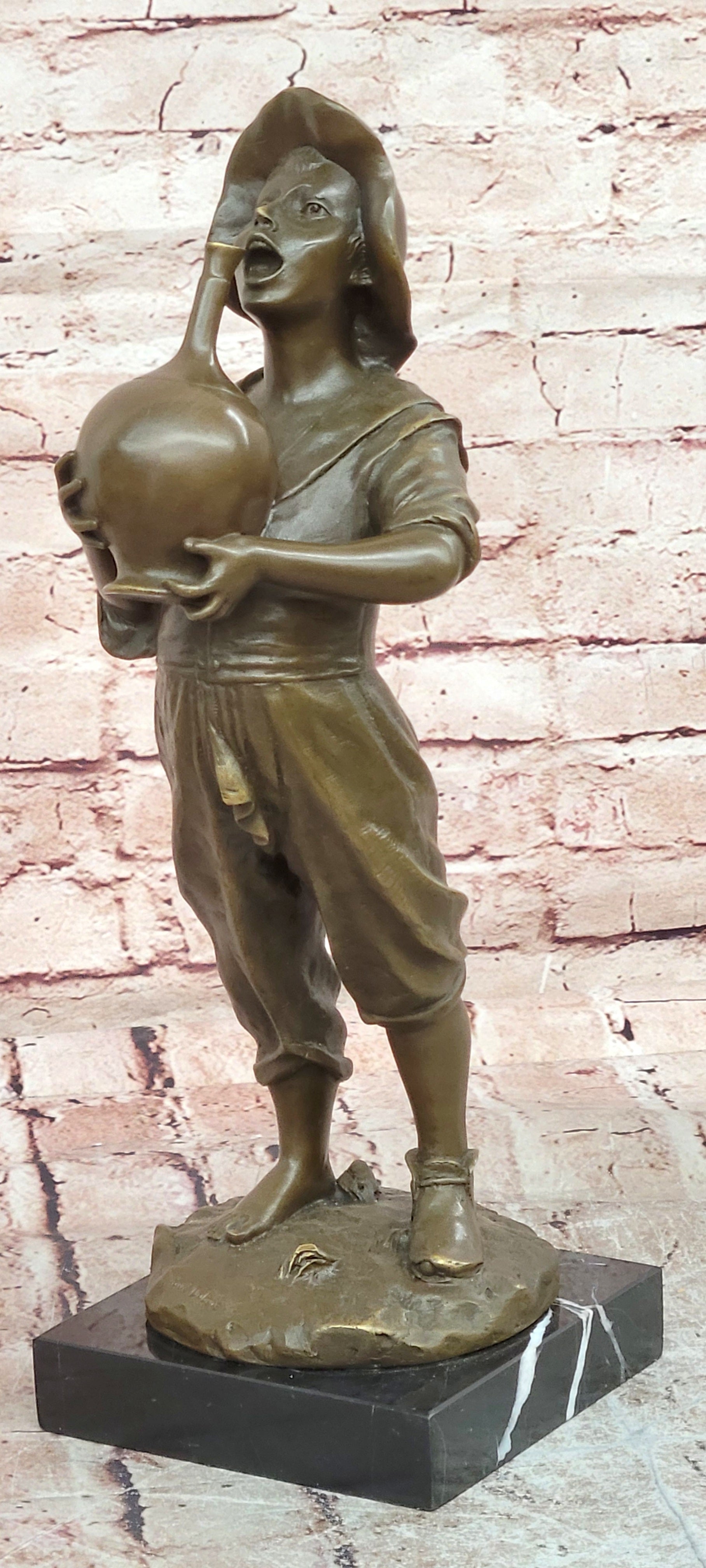 Bronze Sculpture Boy with Wine Jug Signed Paul Dubois Hand Cast Art Figurine