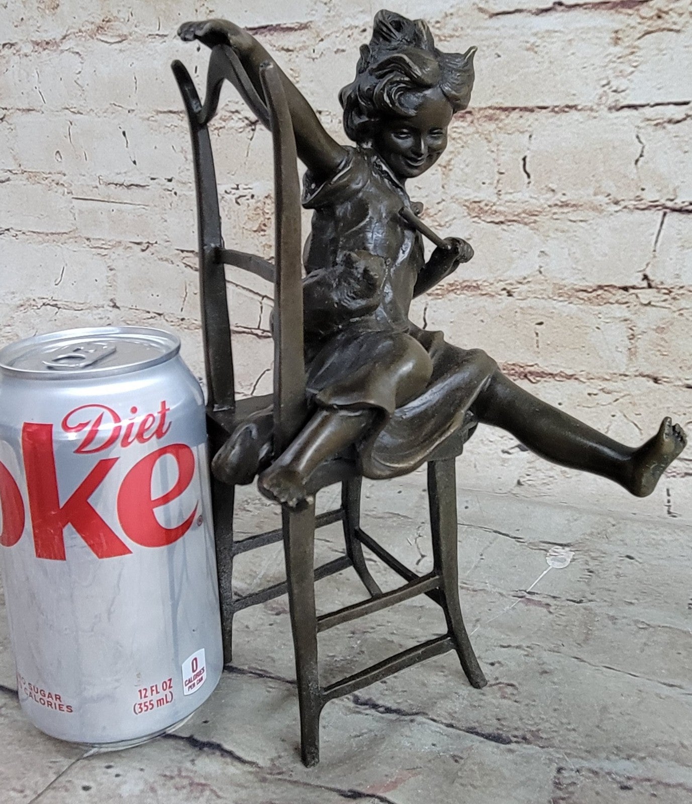 Bronze, Child with Cat Over the Chair, bronze Sculpture Signed Iffland Hot Cast