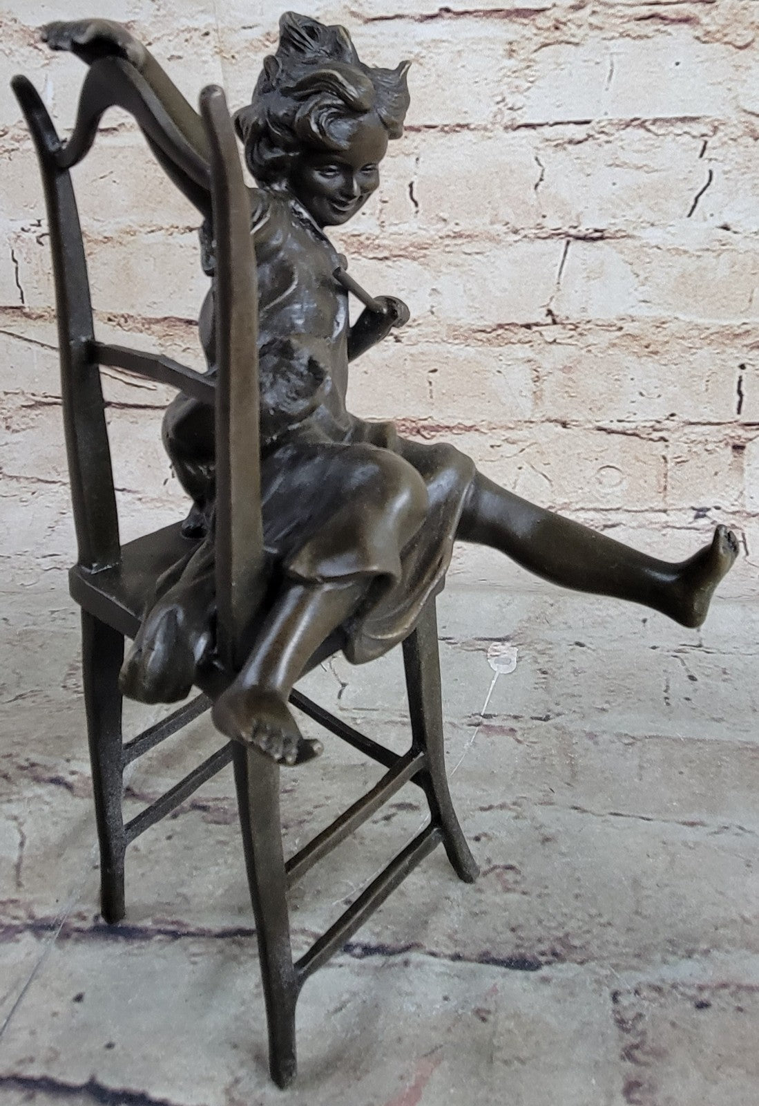 Bronze, Child with Cat Over the Chair, bronze Sculpture Signed Iffland Hot Cast