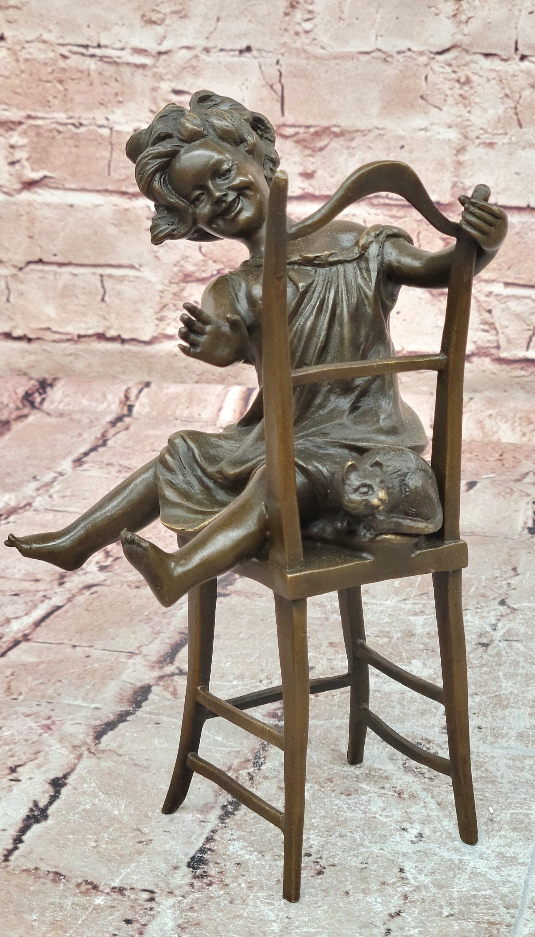 Franz Iffland Bronze Child with Cat Sculpture Hot Cast Collectible Figurine Artwork