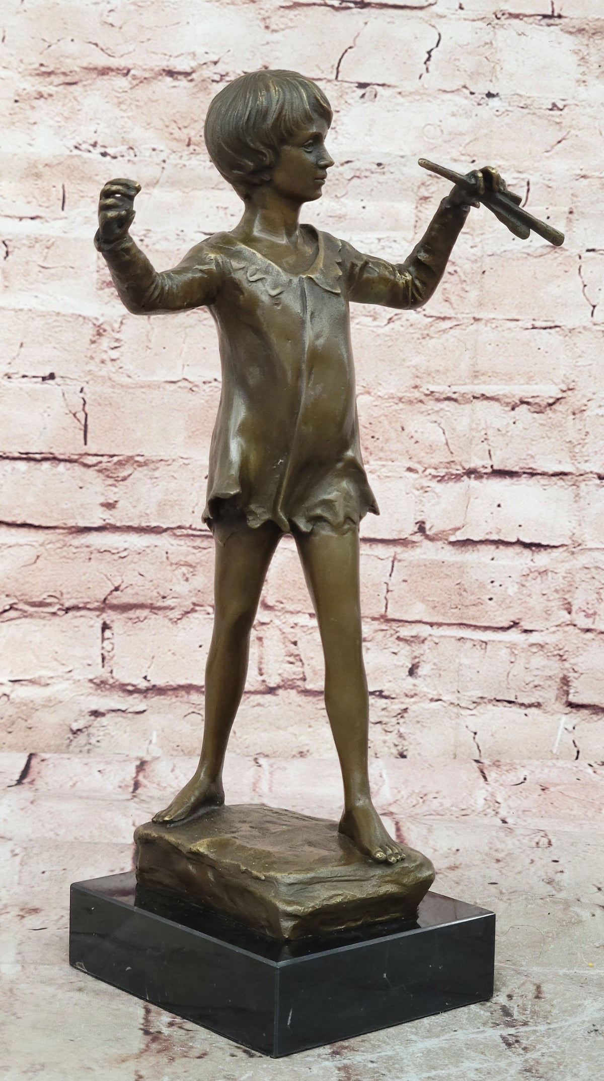 Modernist Solid Bronze Figure Flute Musician sculpture signed Haubner instrument 12.5”