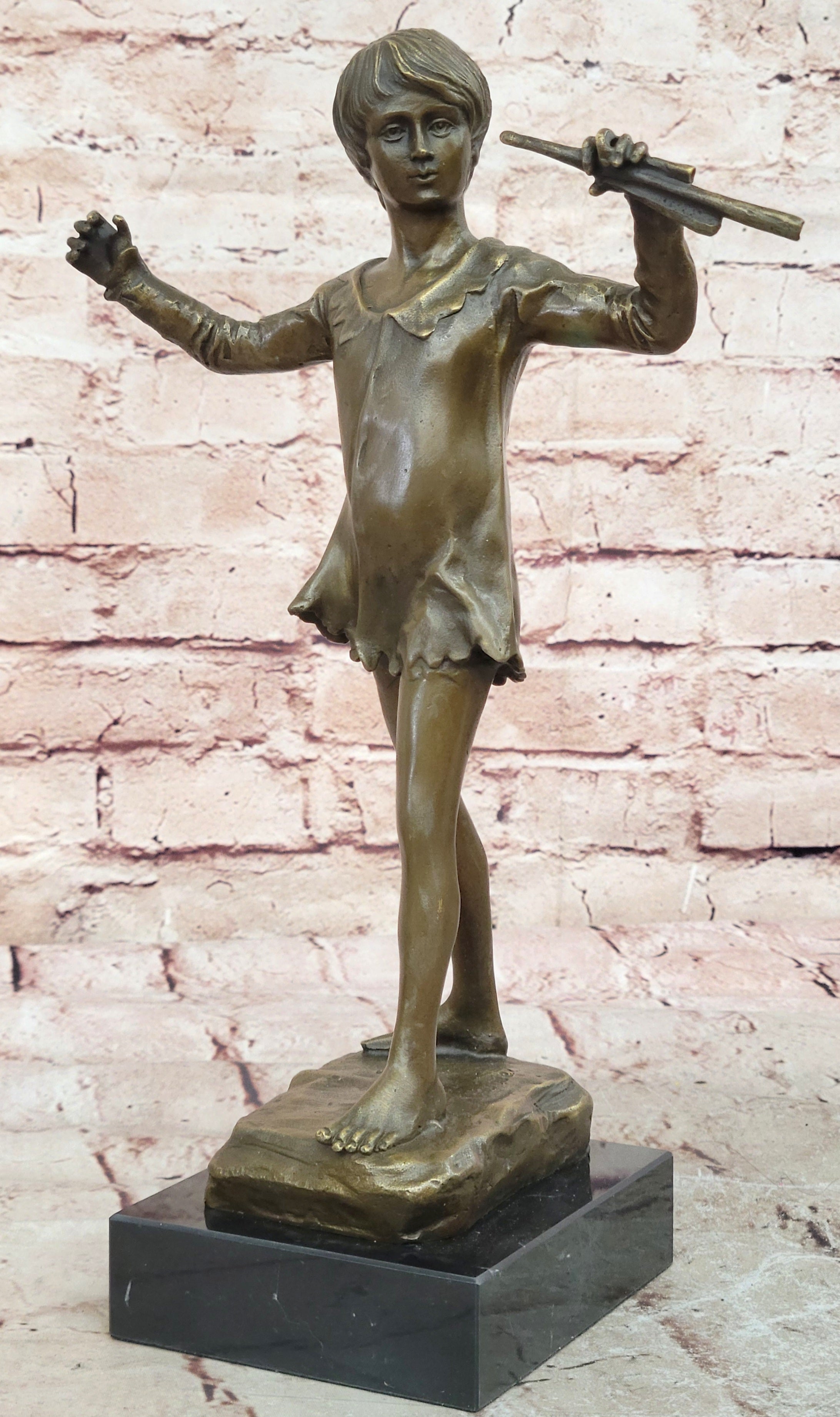 Modernist Solid Bronze Figure Flute Musician sculpture signed Haubner instrument 12.5”