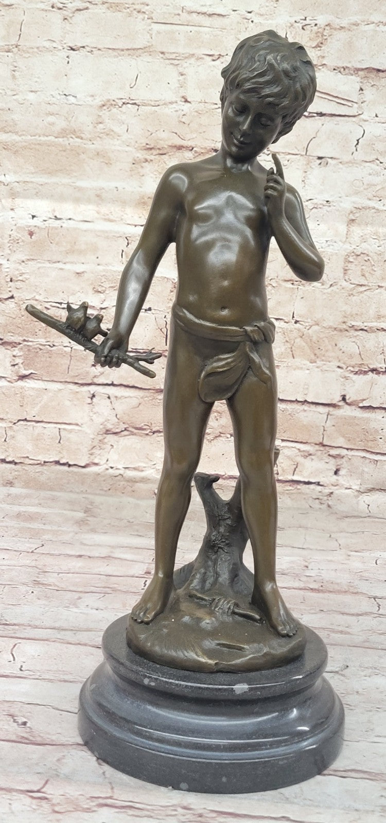 Lost Wax Handcrafted Artwork: Pan Boy with Bird, Genuine Bronze Statue for Home Decor