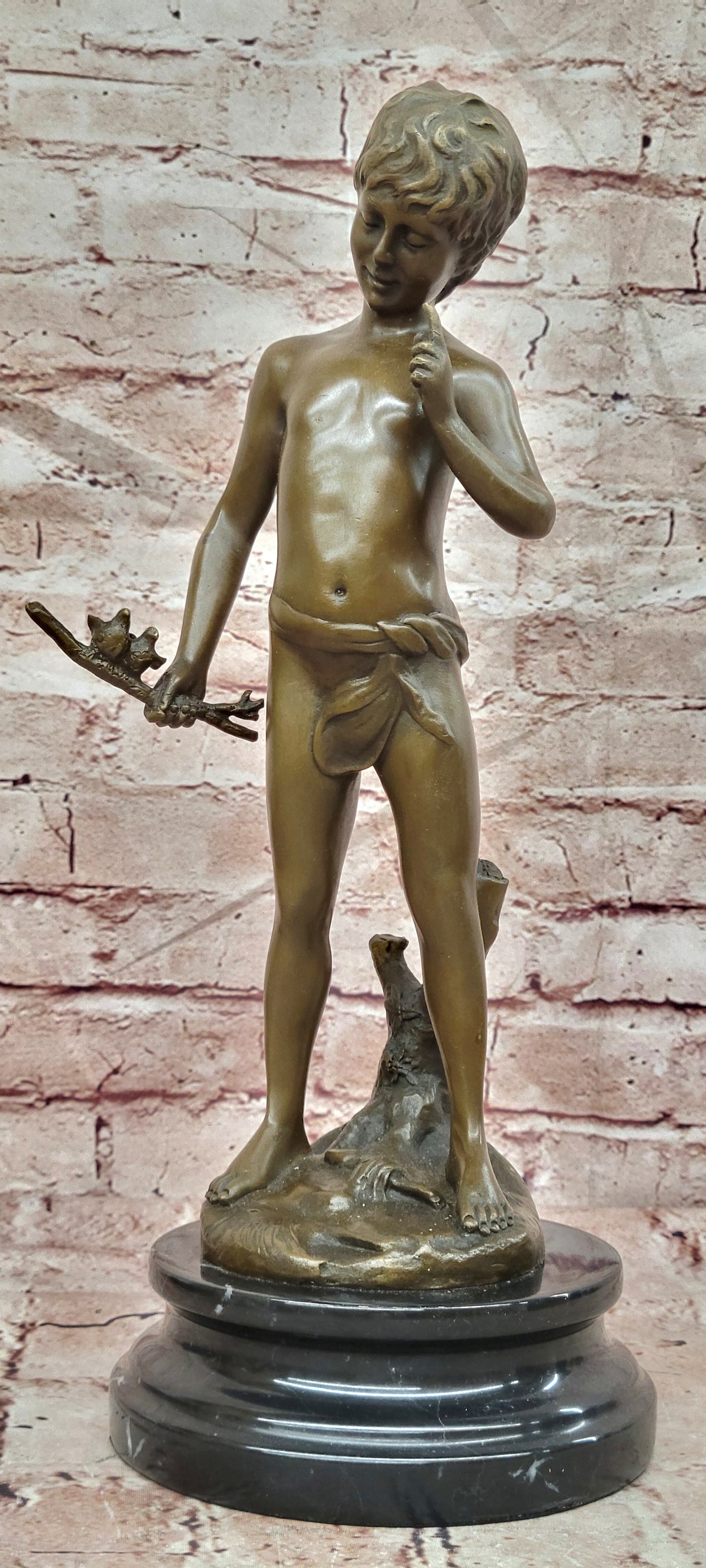 Lost Wax Handcrafted Artwork: Pan Boy with Bird, Genuine Bronze Statue for Home Decor