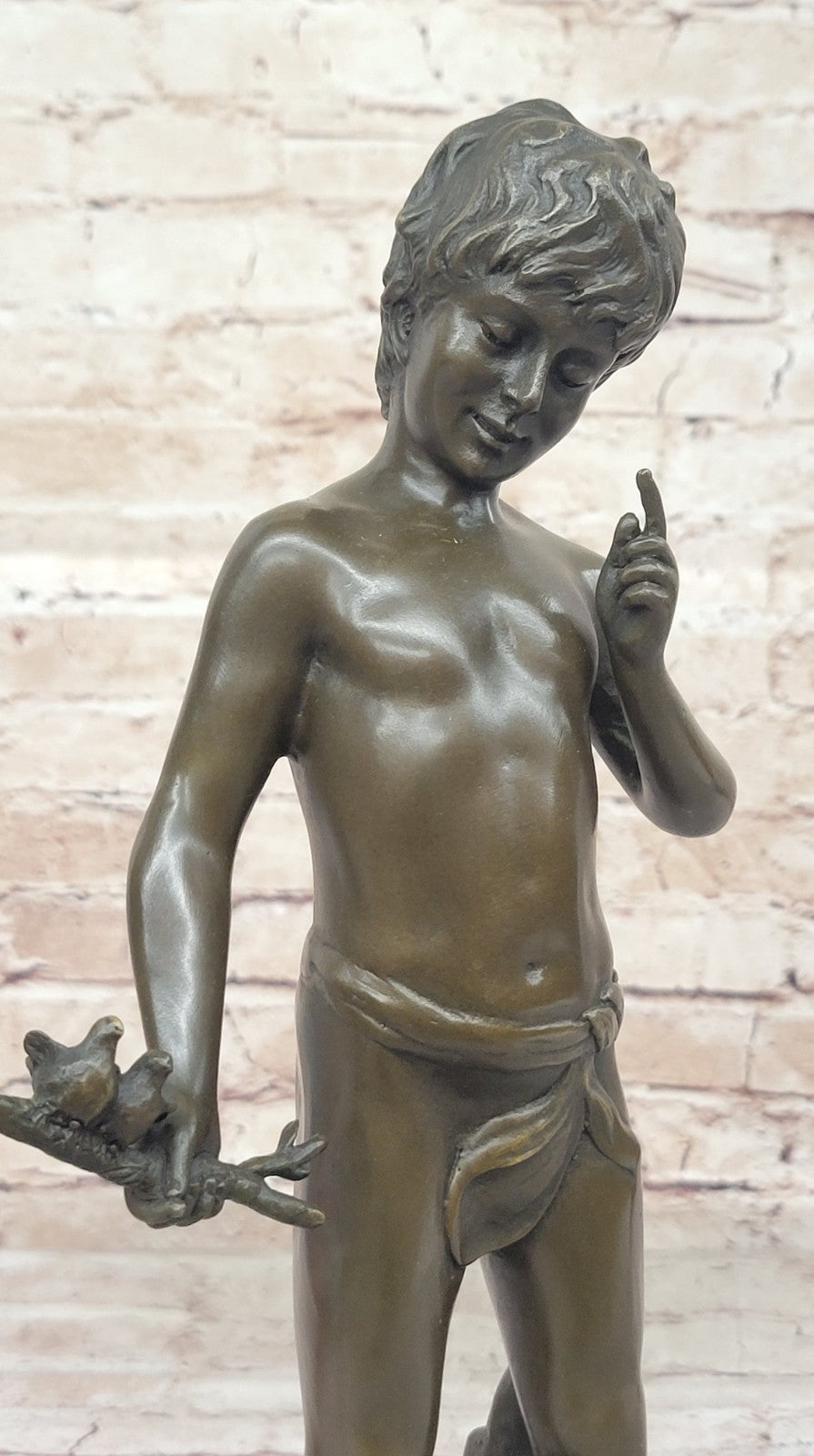 Lost Wax Handcrafted Artwork: Pan Boy with Bird, Genuine Bronze Statue for Home Decor