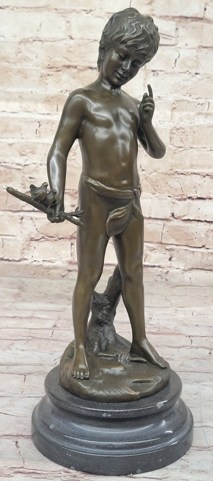 Lost Wax Handcrafted Artwork: Pan Boy with Bird, Genuine Bronze Statue for Home Decor