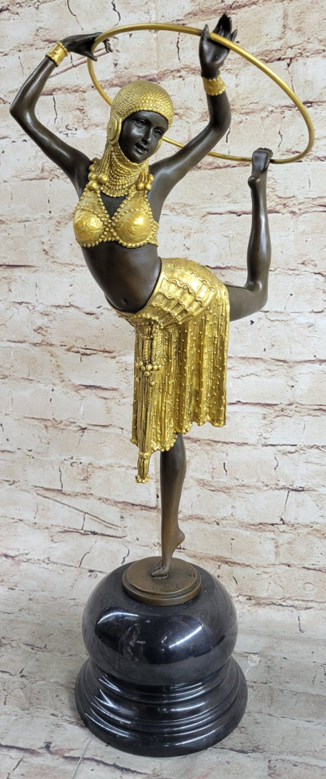Gold Patina Art Nouveau Ring Dancer Bronze Sculpture Marble Base Figurine