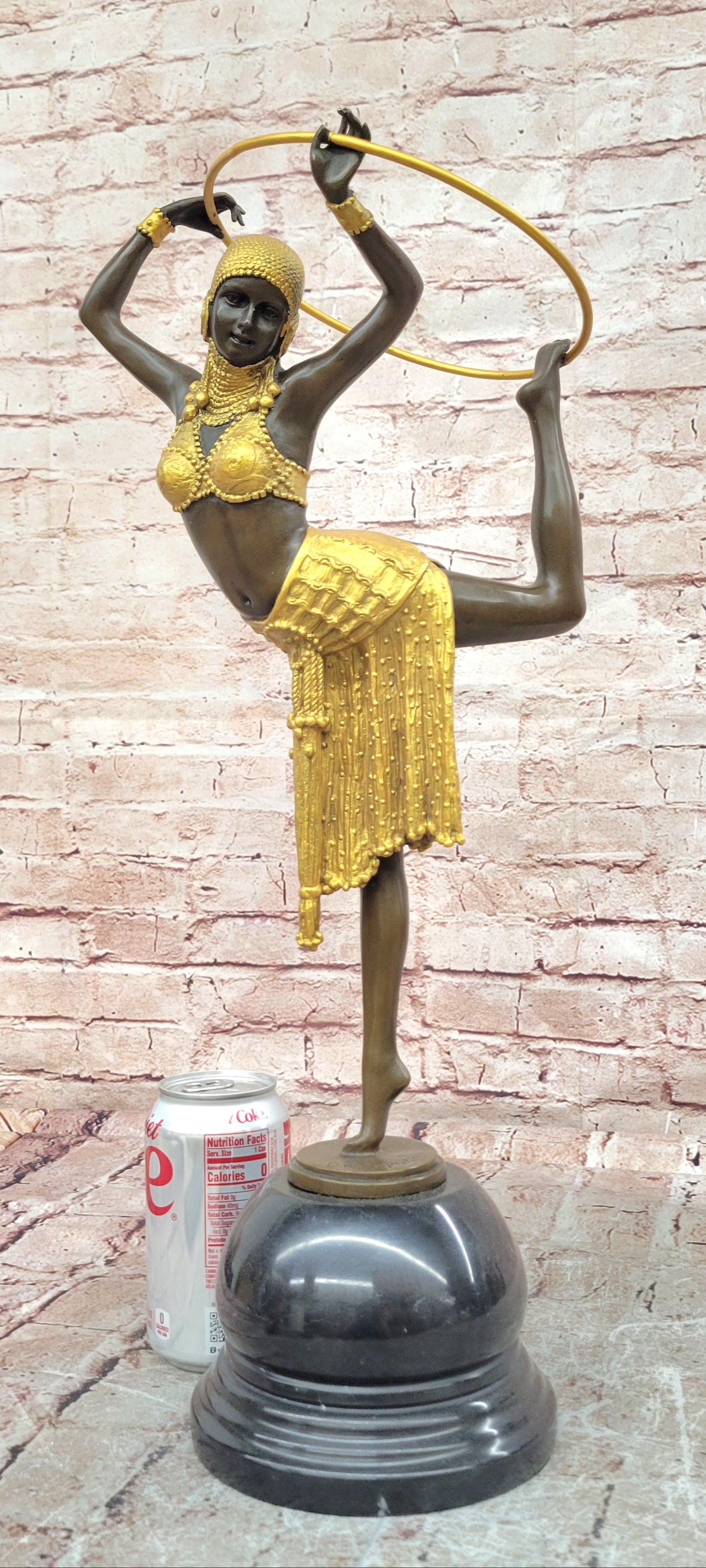 Gold Patina Art Nouveau Ring Dancer Bronze Sculpture Marble Base Figurine