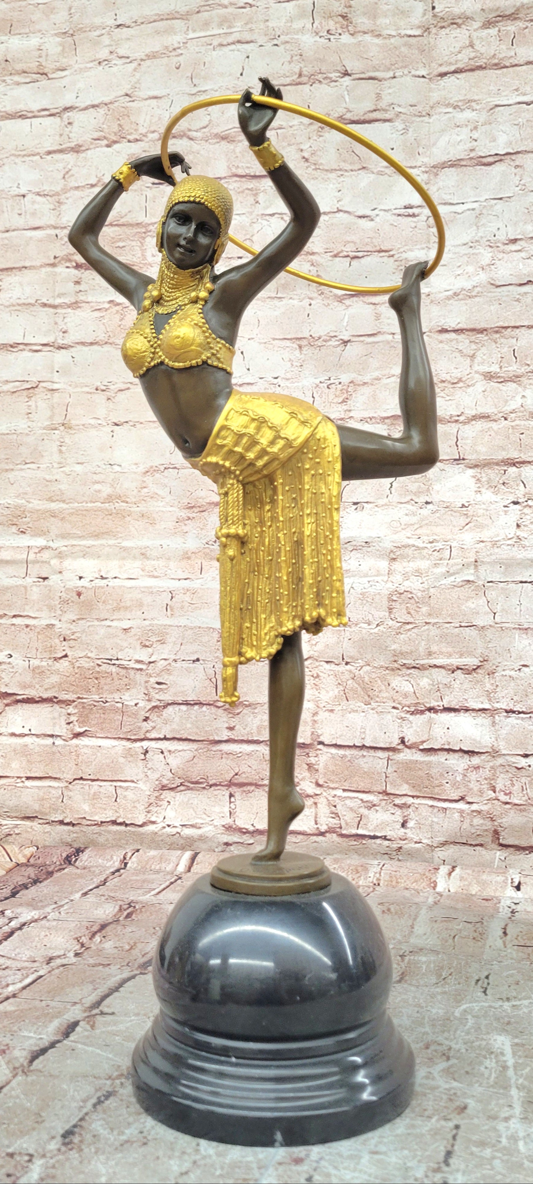 Gold Patina Art Nouveau Ring Dancer Bronze Sculpture Marble Base Figurine