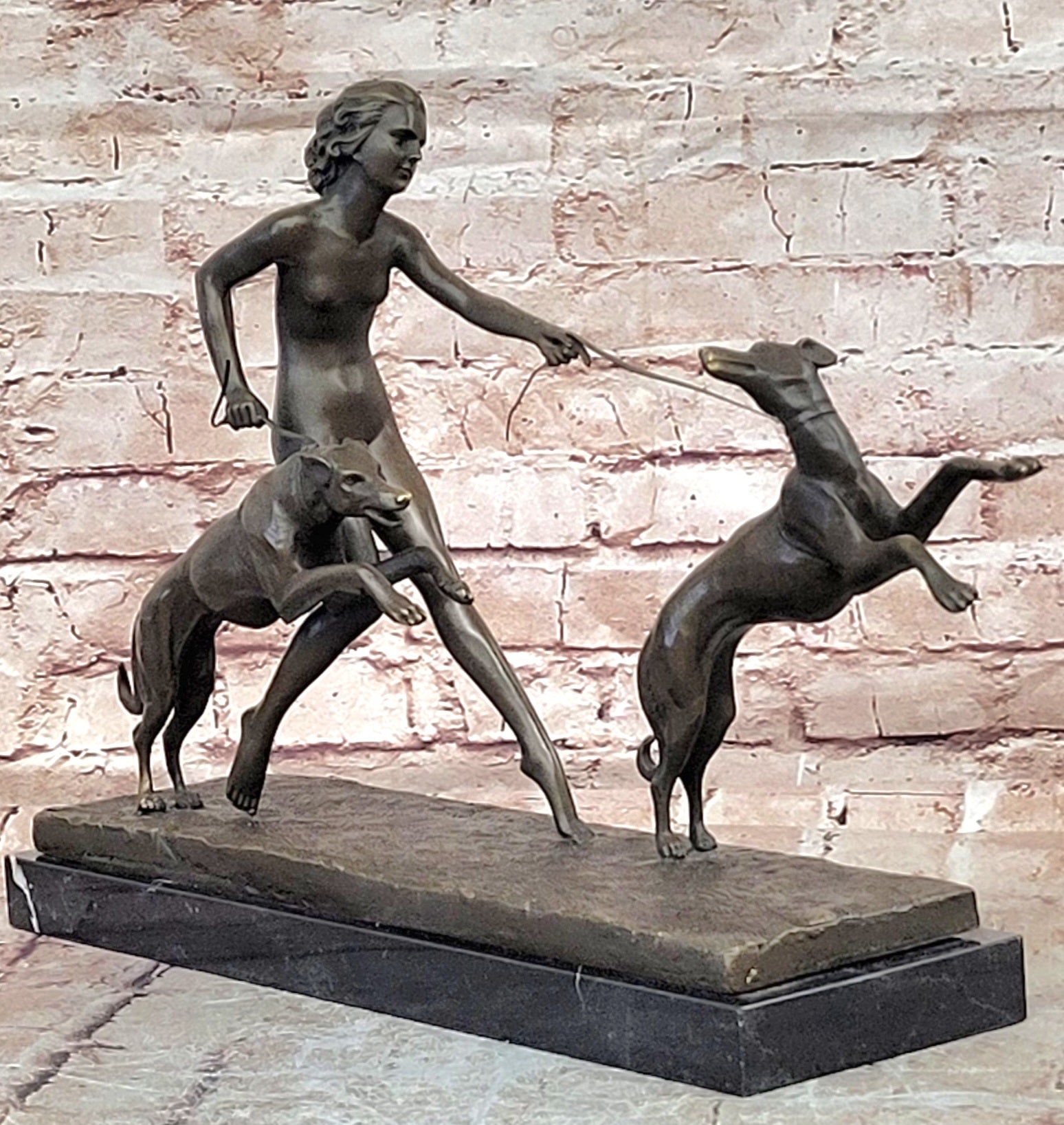 Large "A. Bouraine - The Hunt" Art Deco Bronze Figurine On Black Marble Base NR
