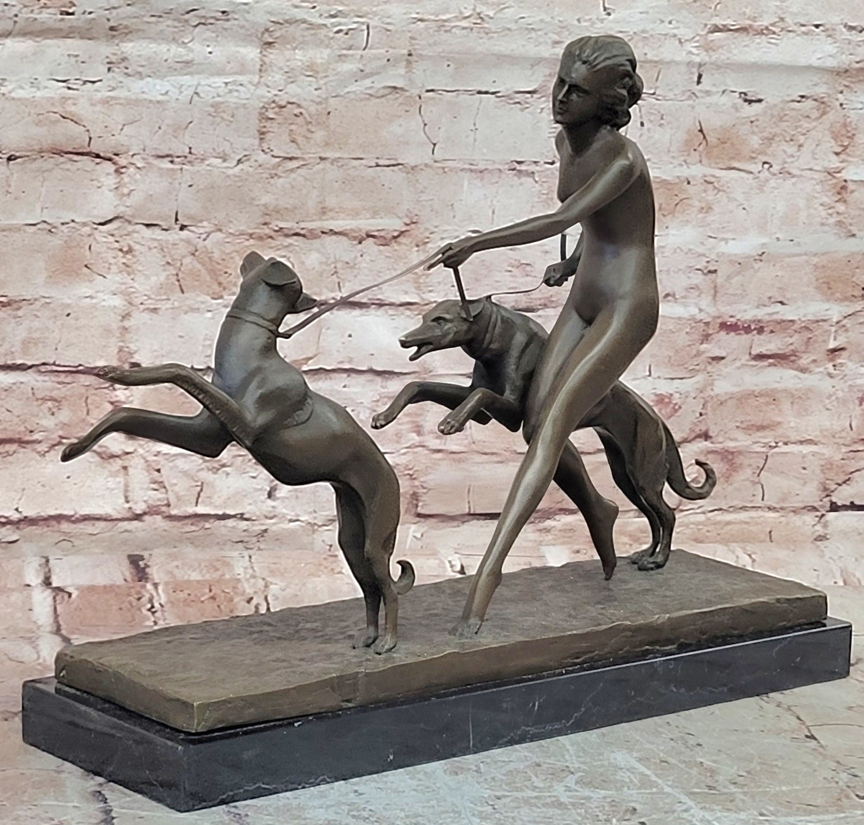 Large "A. Bouraine - The Hunt" Art Deco Bronze Figurine On Black Marble Base NR