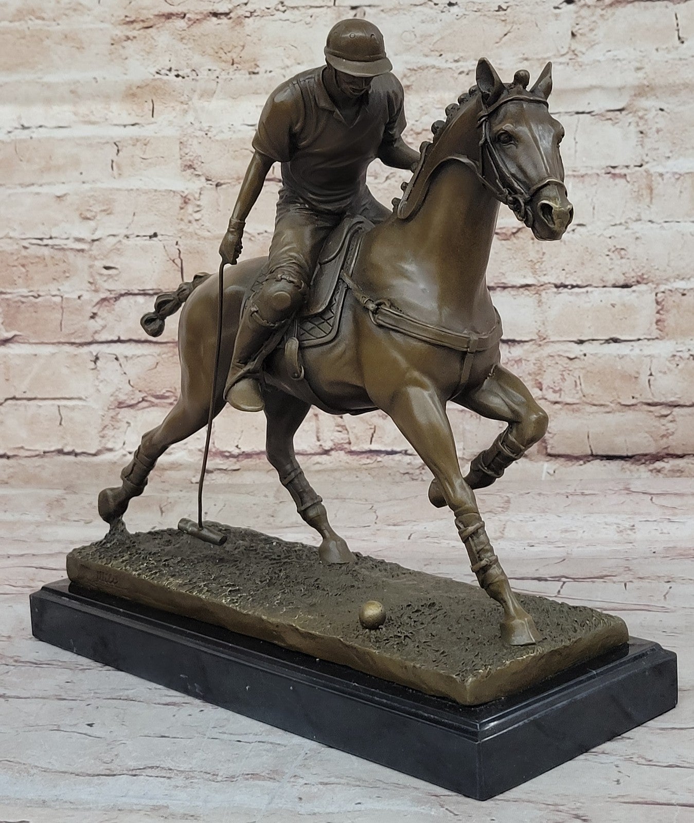 BRONZE POLO PLAYER HORSE & JOCKEY BRONZE SCULPTURE, SIGNED MILO HOT CAST FIGURE