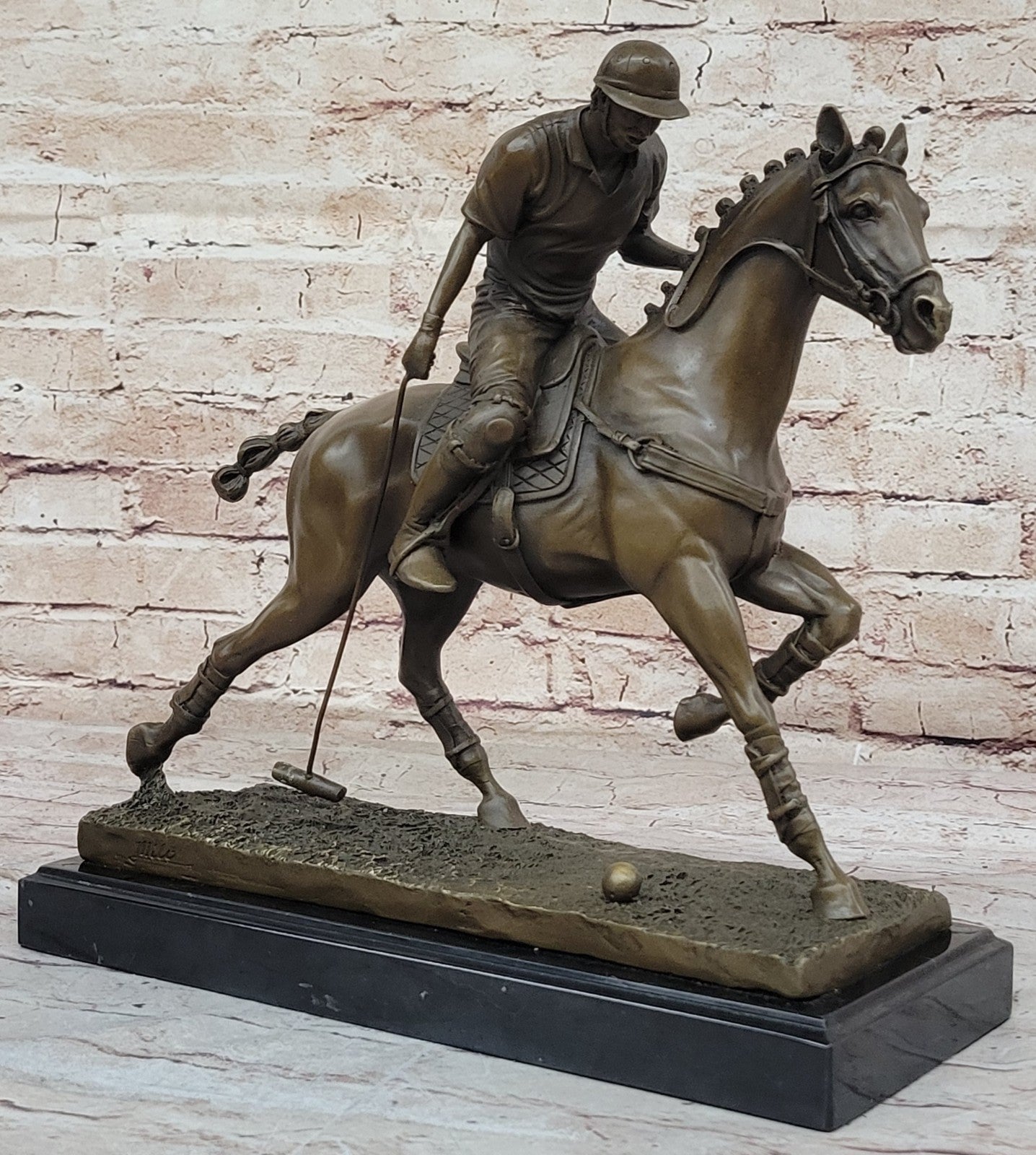 BRONZE POLO PLAYER HORSE & JOCKEY BRONZE SCULPTURE, SIGNED MILO HOT CAST FIGURE