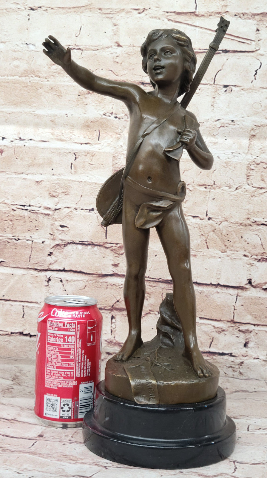 Handmade Bronze Statue by Moreau: Young Boy with Lute Banjo, Museum Quality