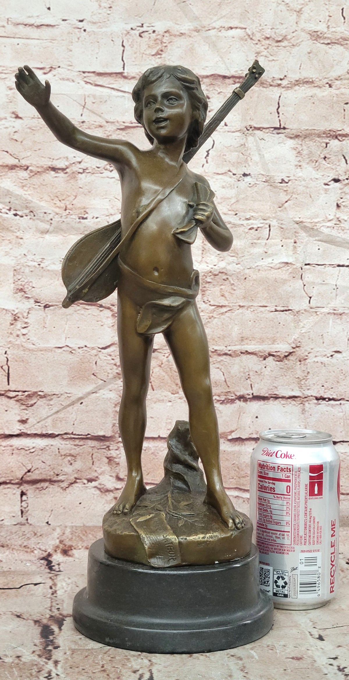 Handmade Bronze Statue by Moreau: Young Boy with Lute Banjo, Museum Quality