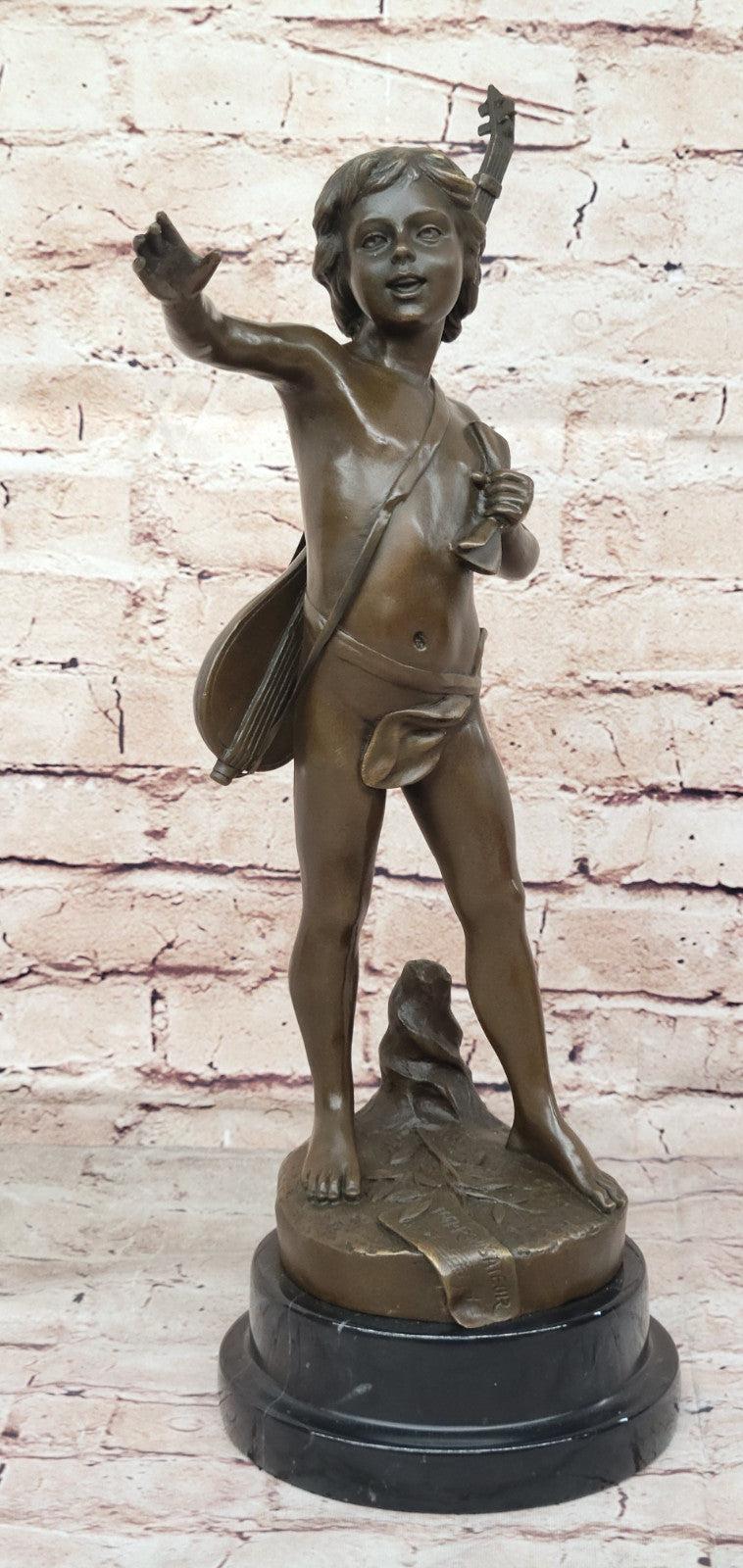 Handmade Bronze Statue by Moreau: Young Boy with Lute Banjo, Museum Quality