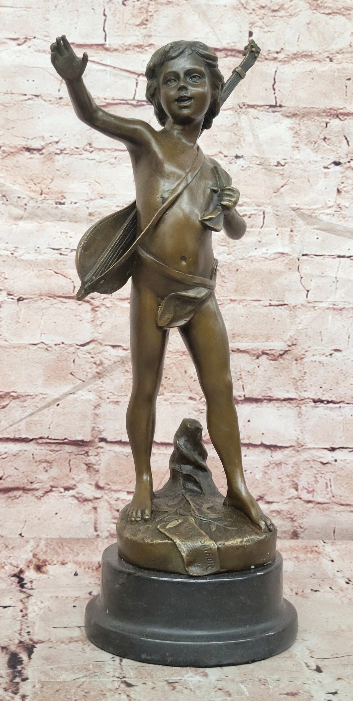 Handmade Bronze Statue by Moreau: Young Boy with Lute Banjo, Museum Quality