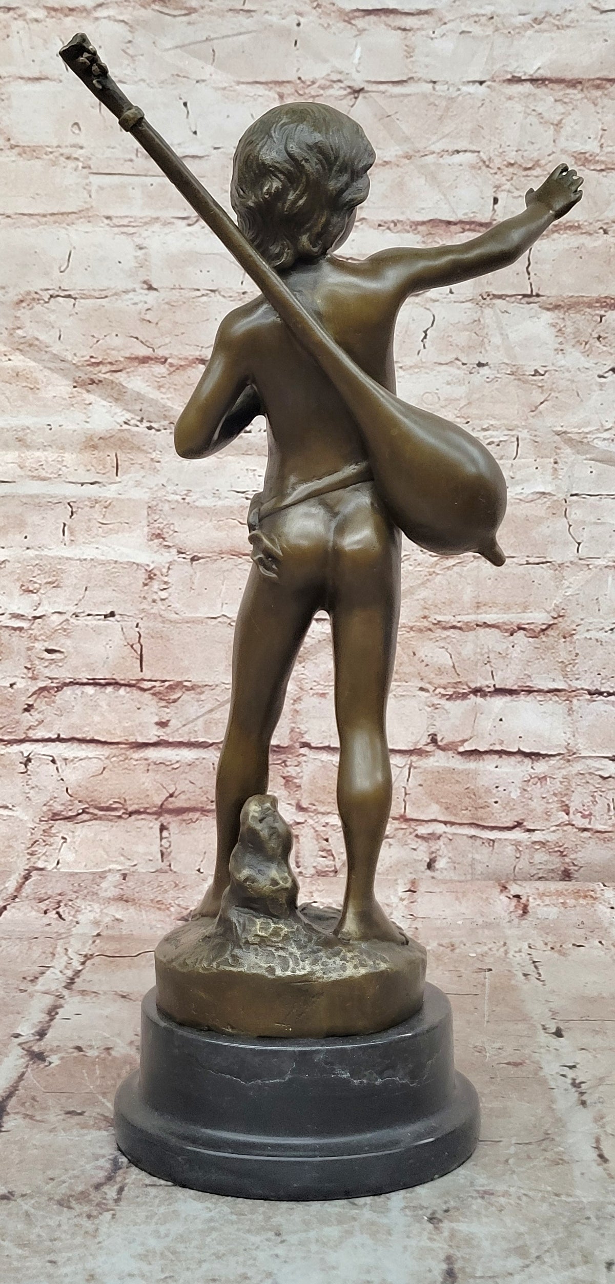 Handmade Bronze Statue by Moreau: Young Boy with Lute Banjo, Museum Quality