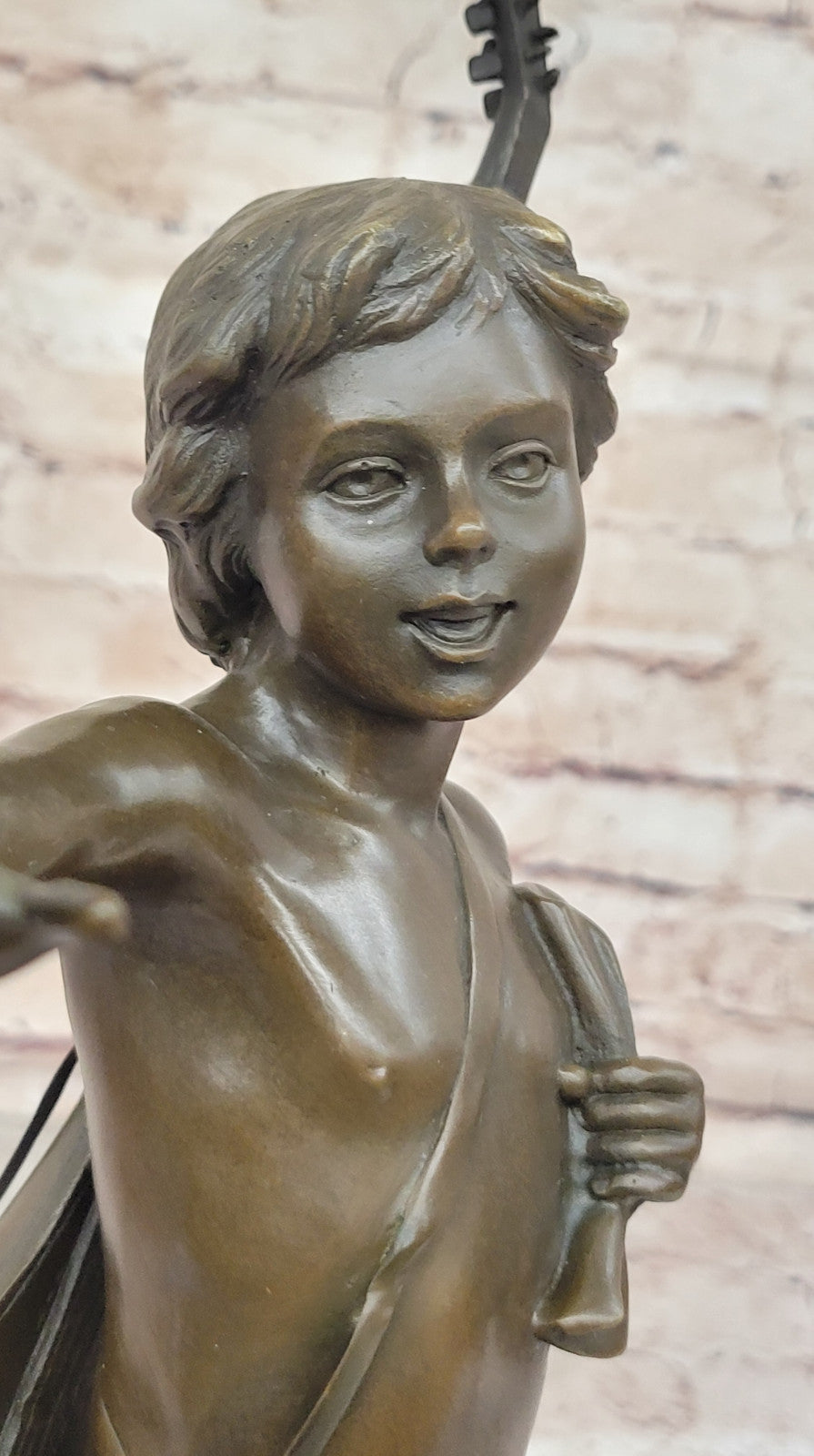 Handmade Bronze Statue by Moreau: Young Boy with Lute Banjo, Museum Quality