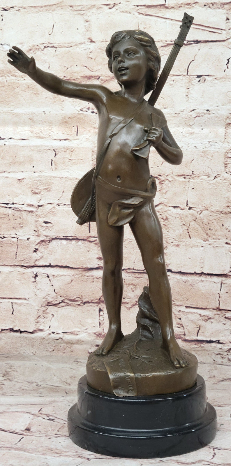 Handmade Bronze Statue by Moreau: Young Boy with Lute Banjo, Museum Quality