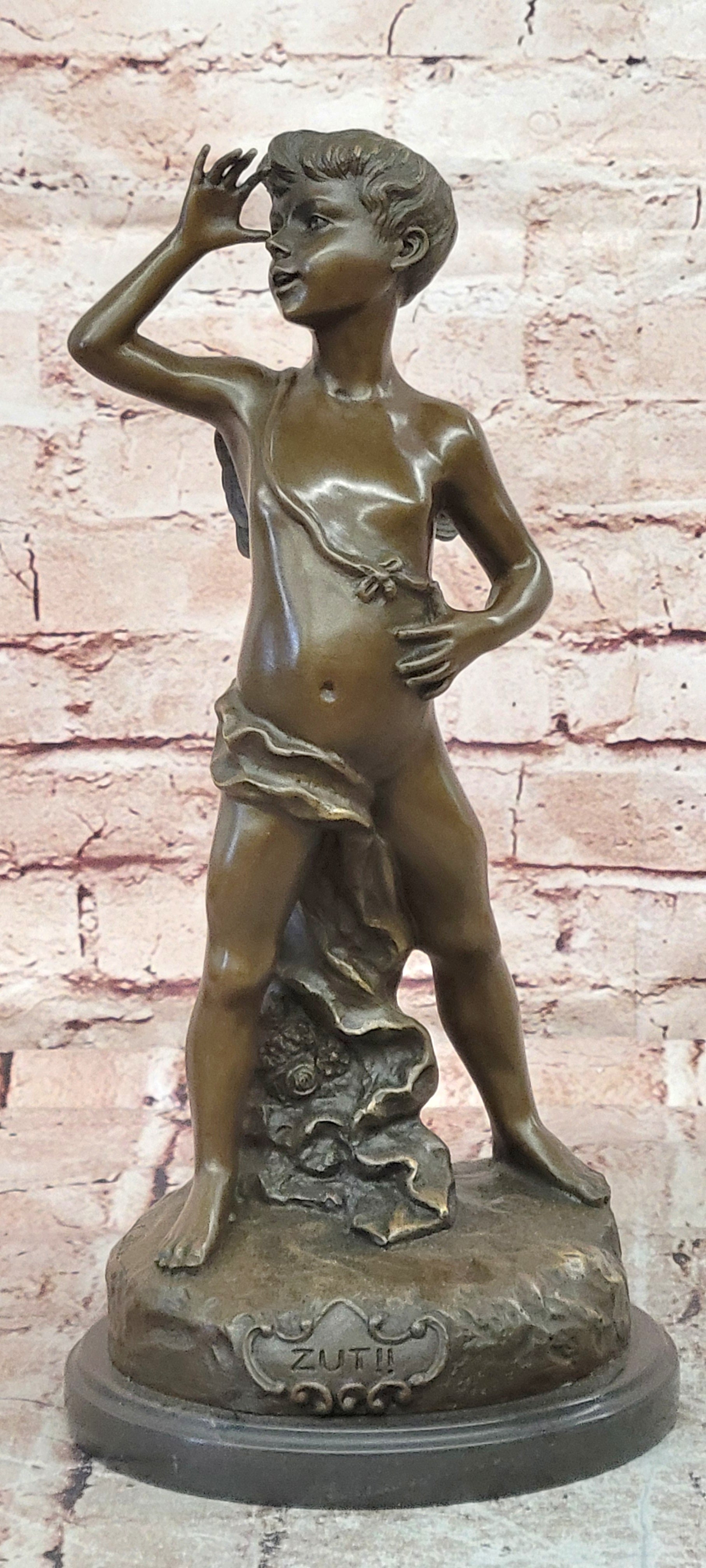 Signed Colle Bronze Boy Thumbing Nose Statue Marble Base Home Decor Art Piece