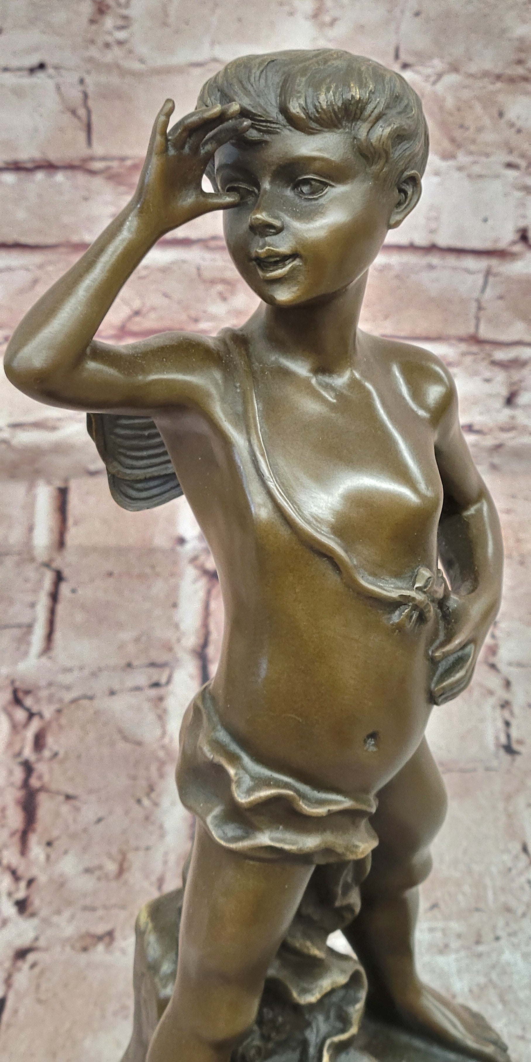 Signed Colle Bronze Boy Thumbing Nose Statue Marble Base Home Decor Art Piece