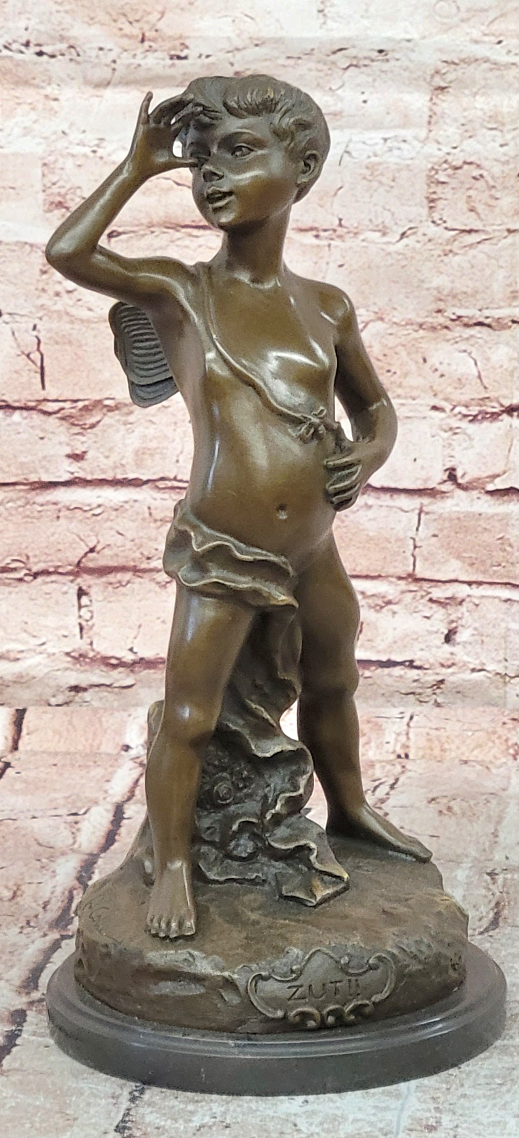 Signed Colle Bronze Boy Thumbing Nose Statue Marble Base Home Decor Art Piece