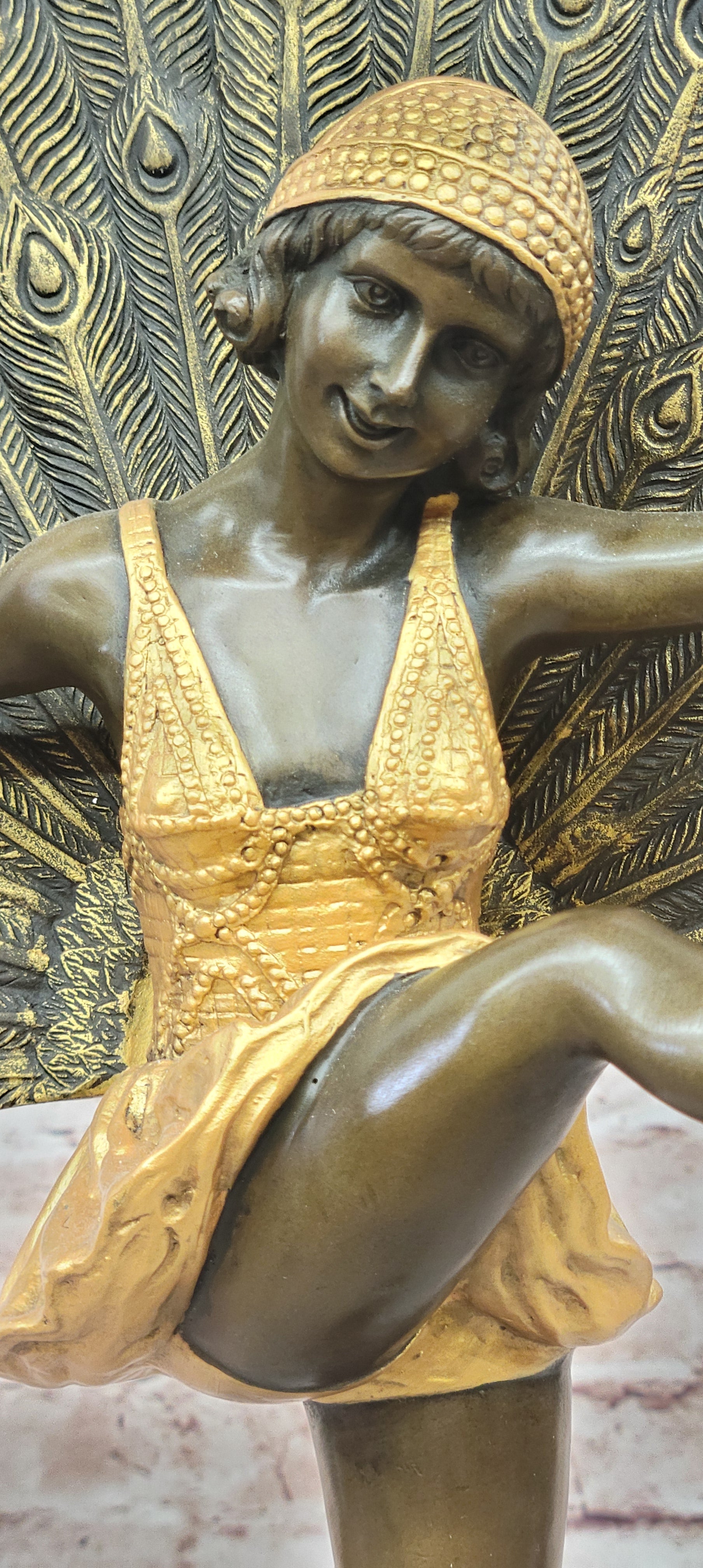 Art Deco Bronze Peacock Dancer Statue M Pellier Phoenician Inspired Sculpture