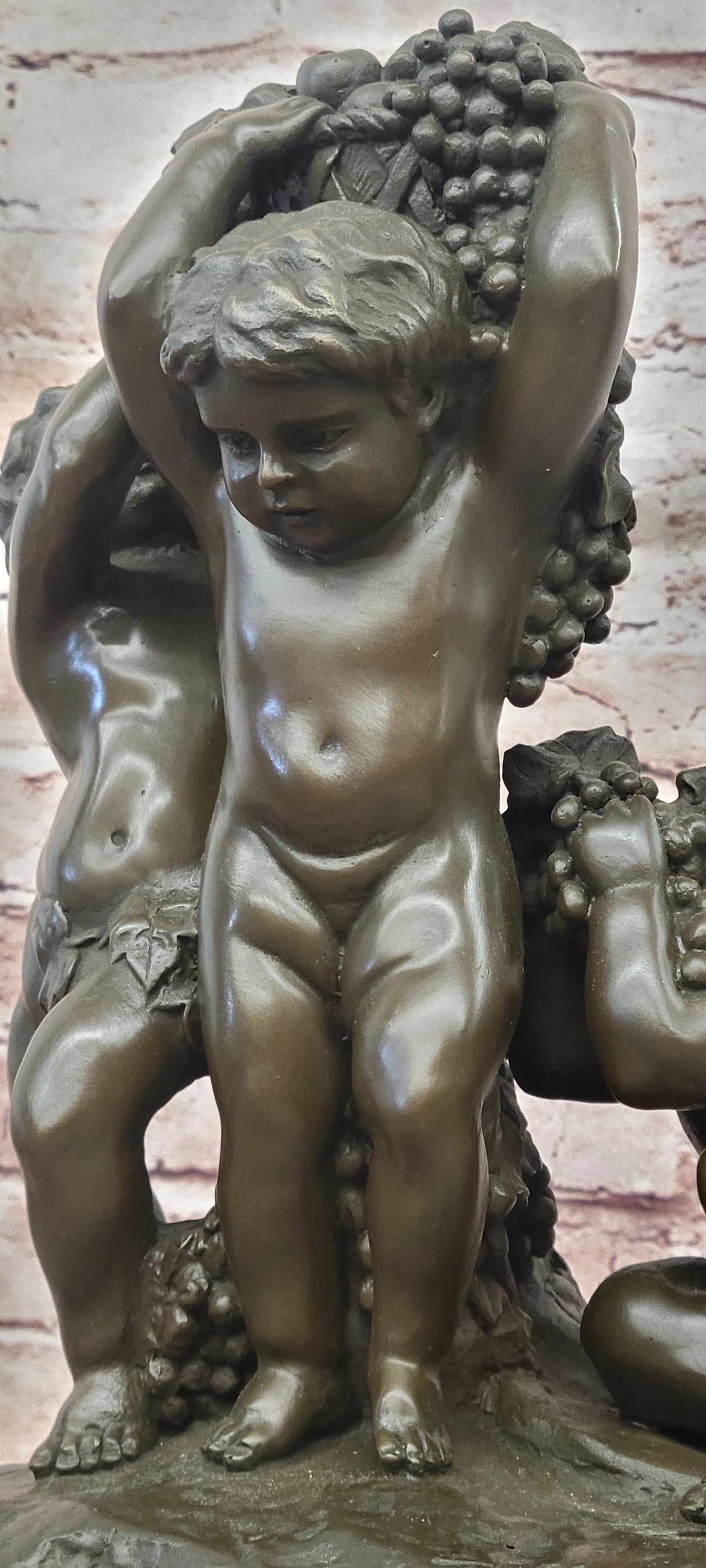 Bronze Cherub Trio with Grapes Sculpture Signed J Dastee Decorative Art Statue