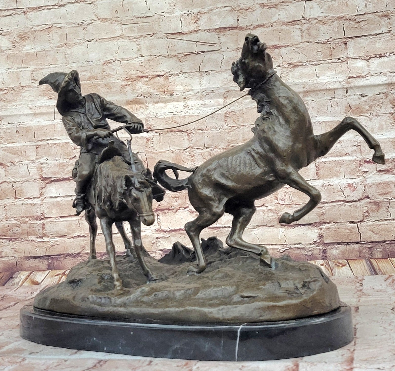 Handmade Bronze Wild Horse Breaking Statue - Heavy Cowboy Artwork Figure