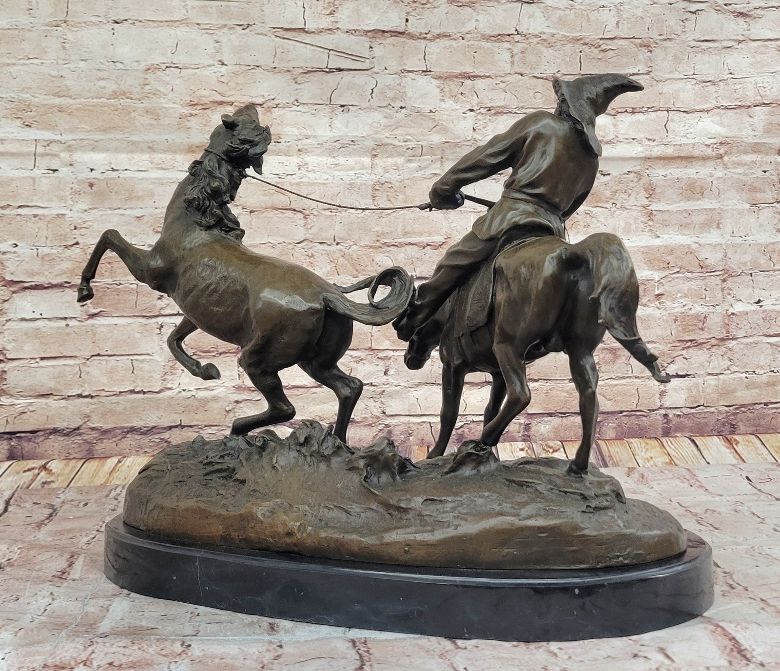 Handmade Bronze Wild Horse Breaking Statue - Heavy Cowboy Artwork Figure