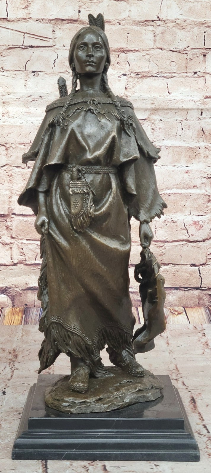 Exquisite Mario Nick Bronze Sculpture of Native American Woman with Baby in Traditional Outfit