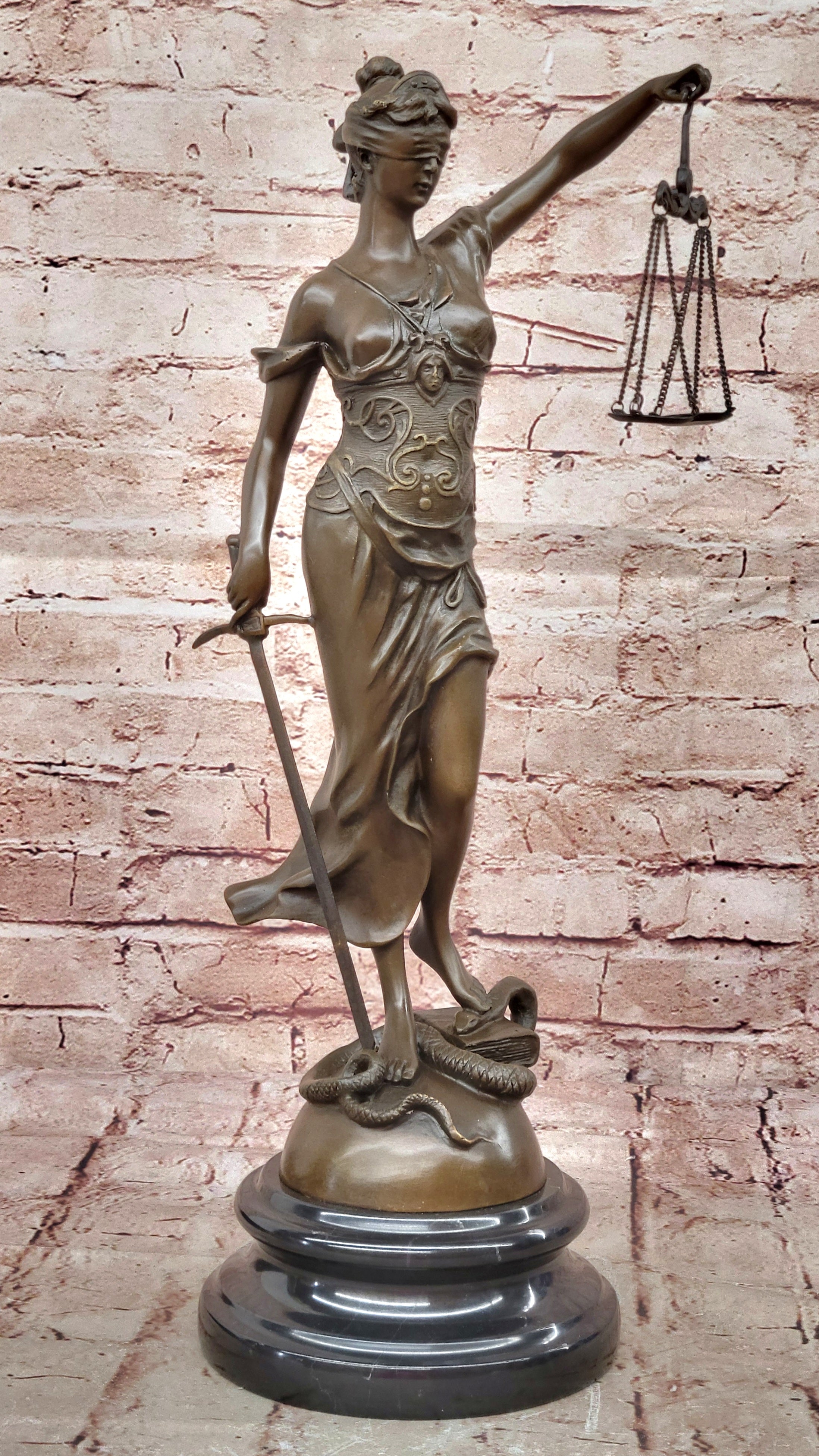 18" Tall Bronze Blind Justice Lady Scales Marble Statue – Law Sculpture Art Nouveau Sale