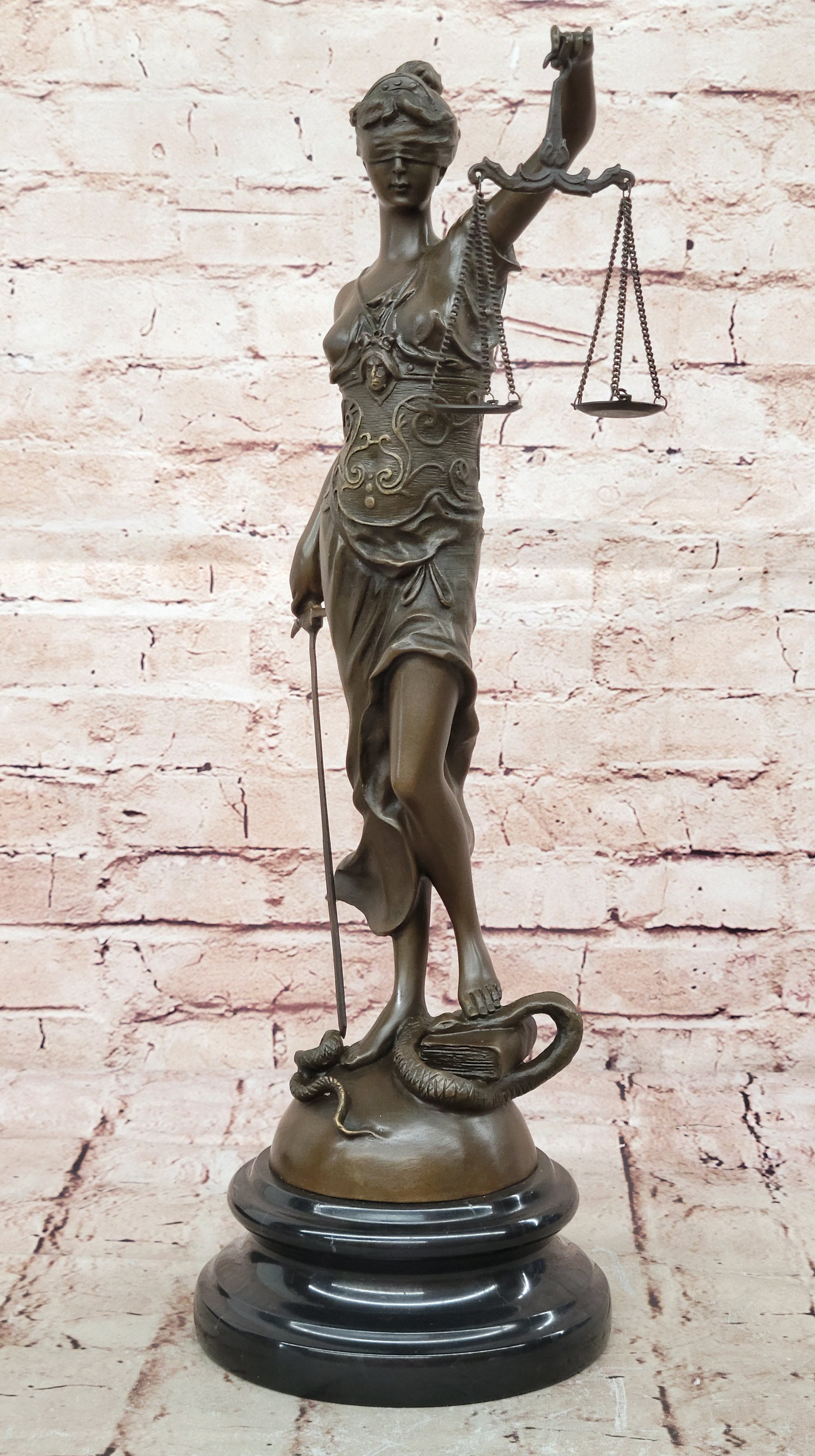 18" Tall Bronze Blind Justice Lady Scales Marble Statue – Law Sculpture Art Nouveau Sale