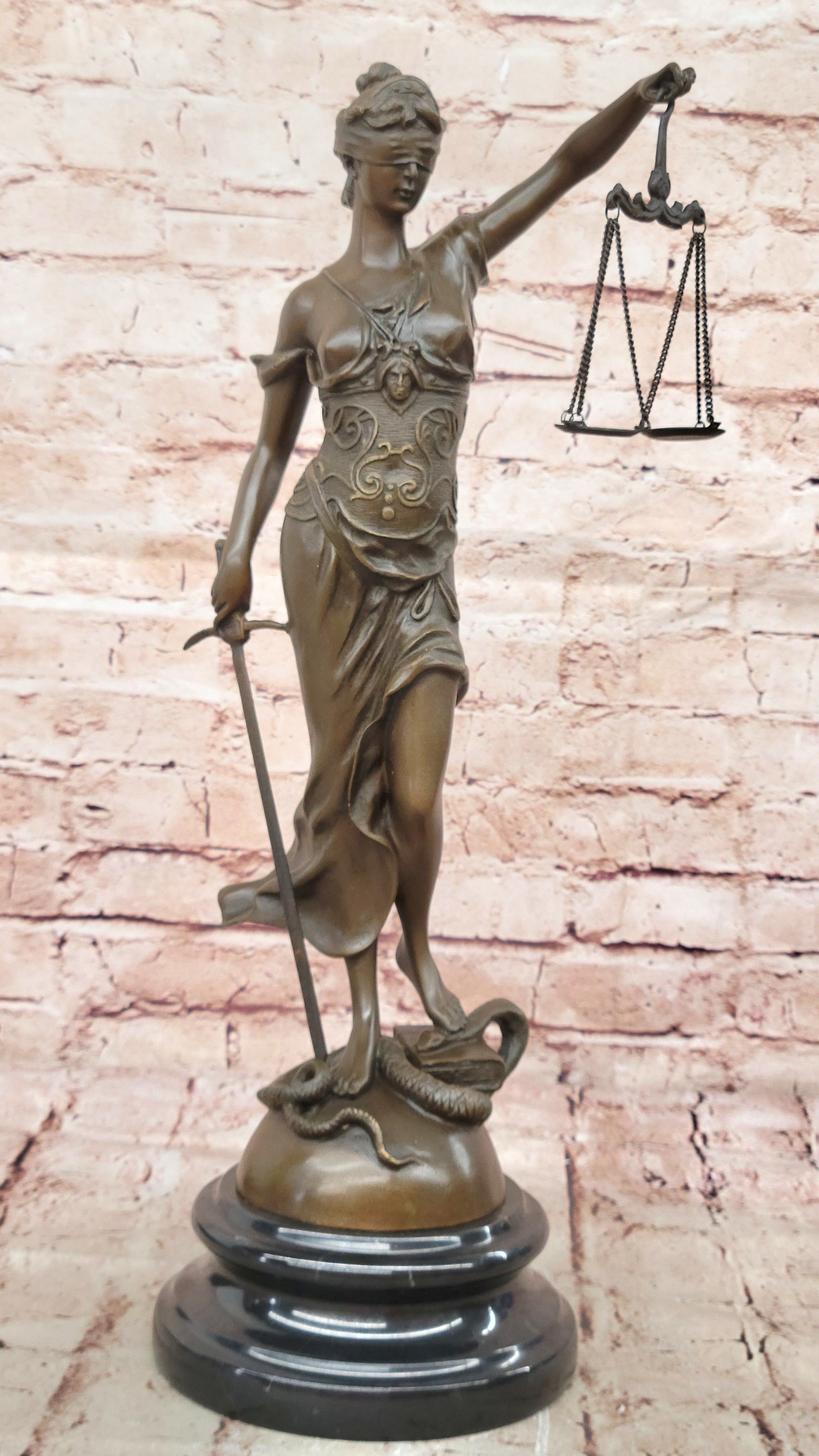 18" Tall BRONZE BLIND JUSTICE LAW MARBLE STATUE LADY SCALE Sculpture Nouveau Art