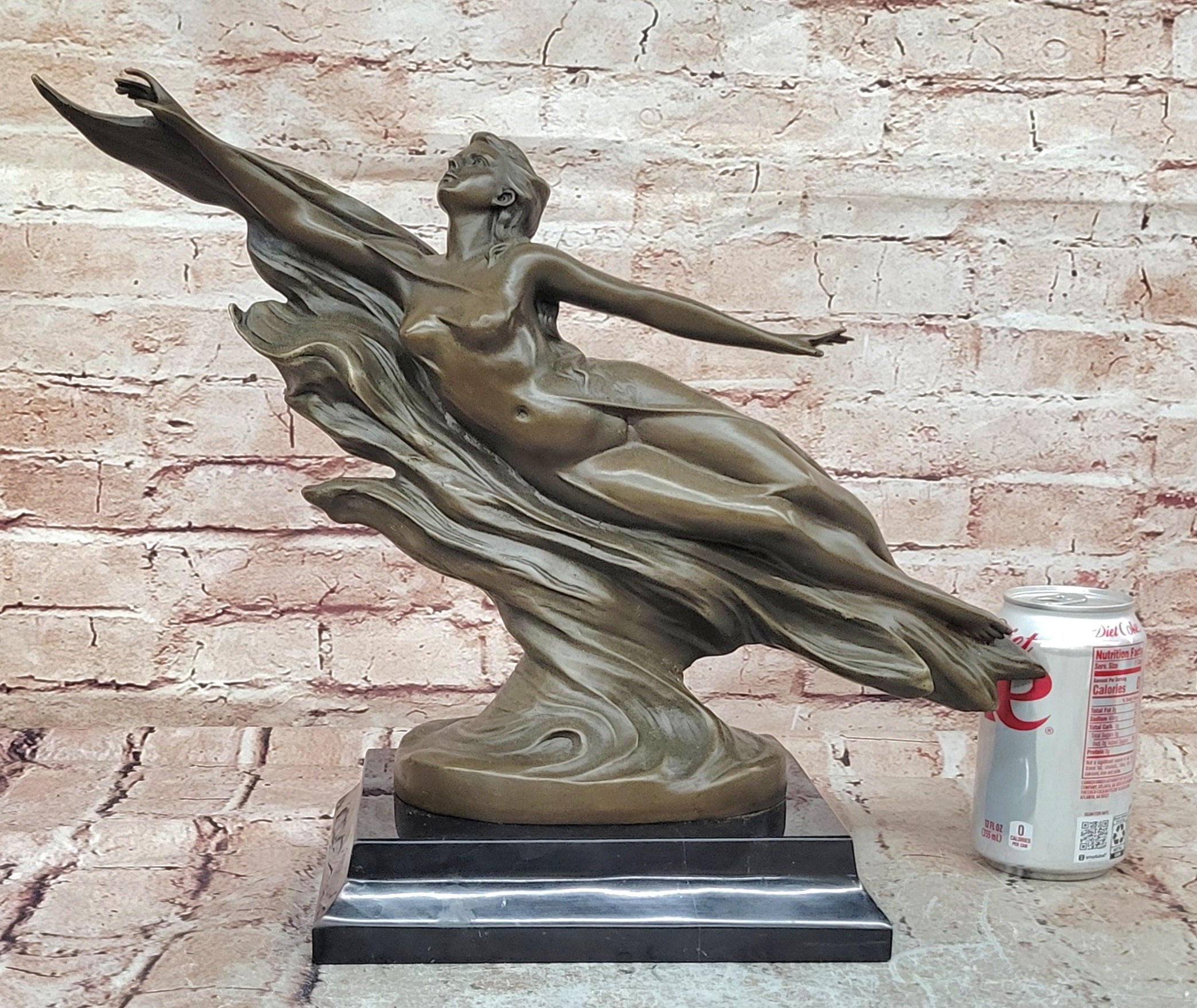 Handcrafted Detailed Nude Gorgeous Nymph Bronze Sculpture Marble Base Figurine