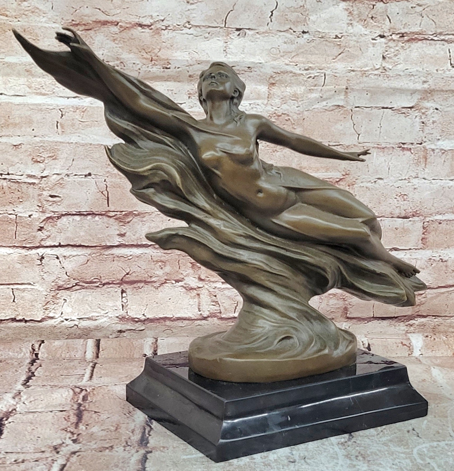 Handcrafted Detailed Nude Gorgeous Nymph Bronze Sculpture Marble Base Figurine