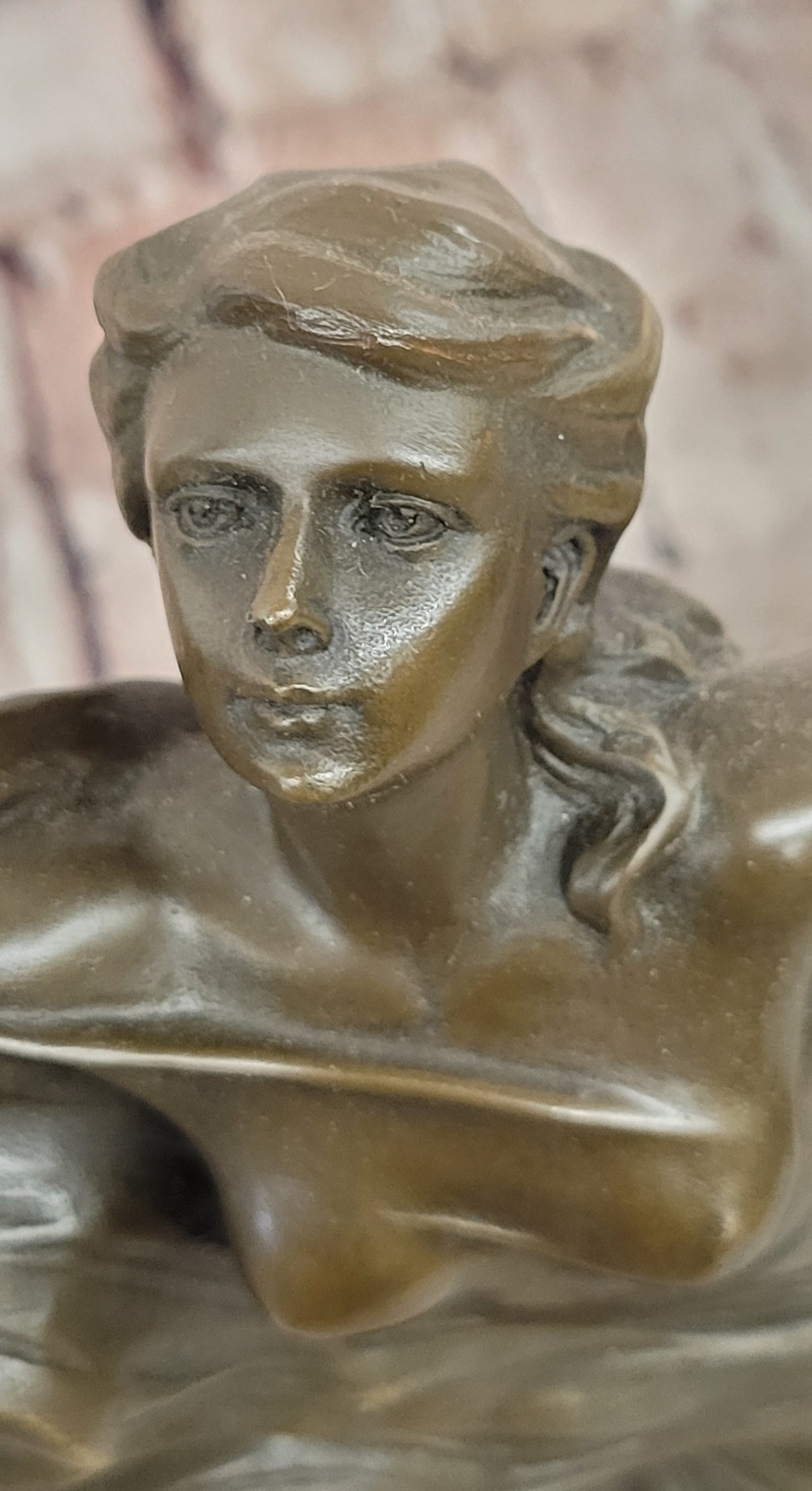 Handcrafted Detailed Nude Gorgeous Nymph Bronze Sculpture Marble Base Figurine