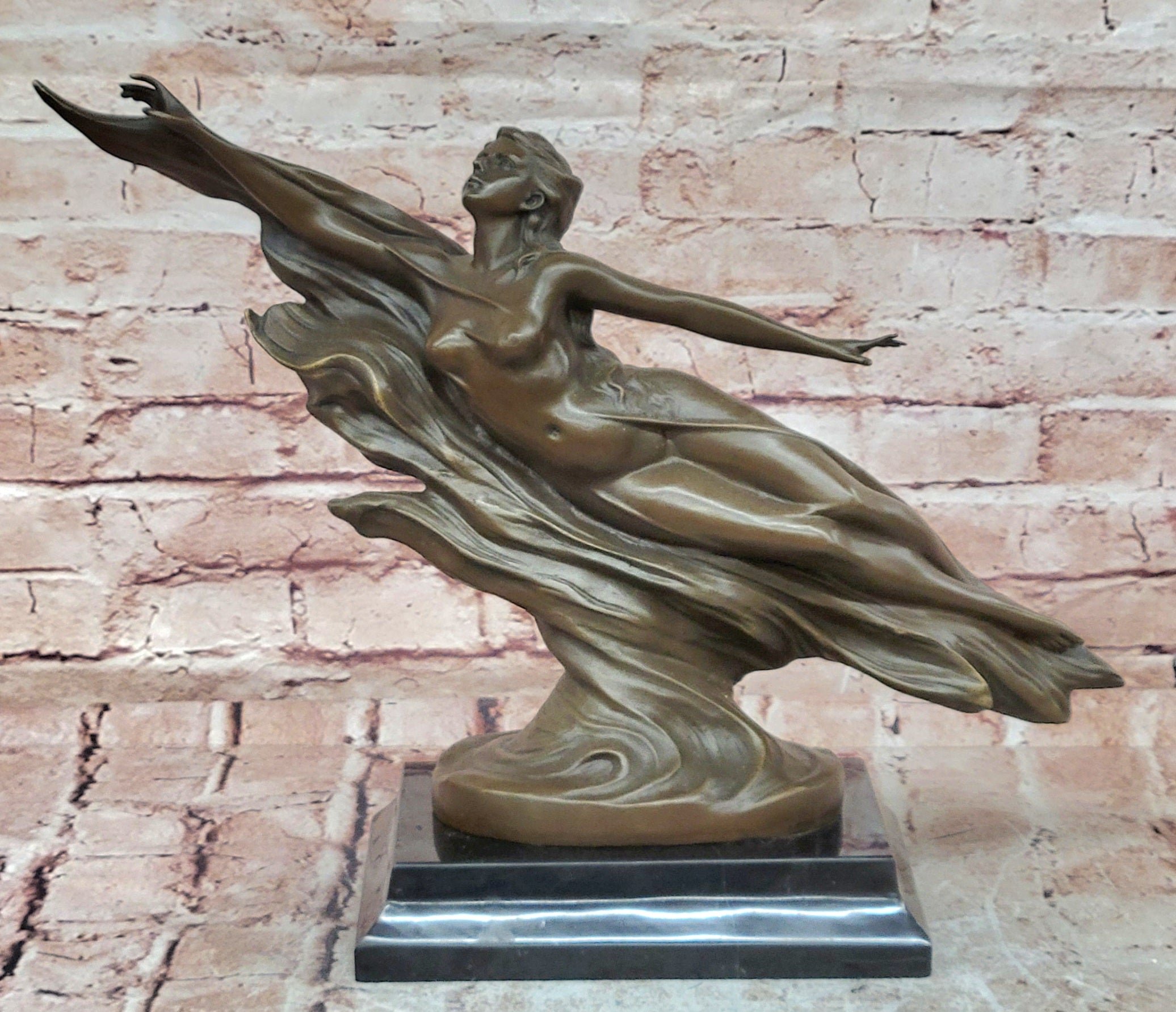 Handcrafted Detailed Nude Gorgeous Nymph Bronze Sculpture Marble Base Figurine