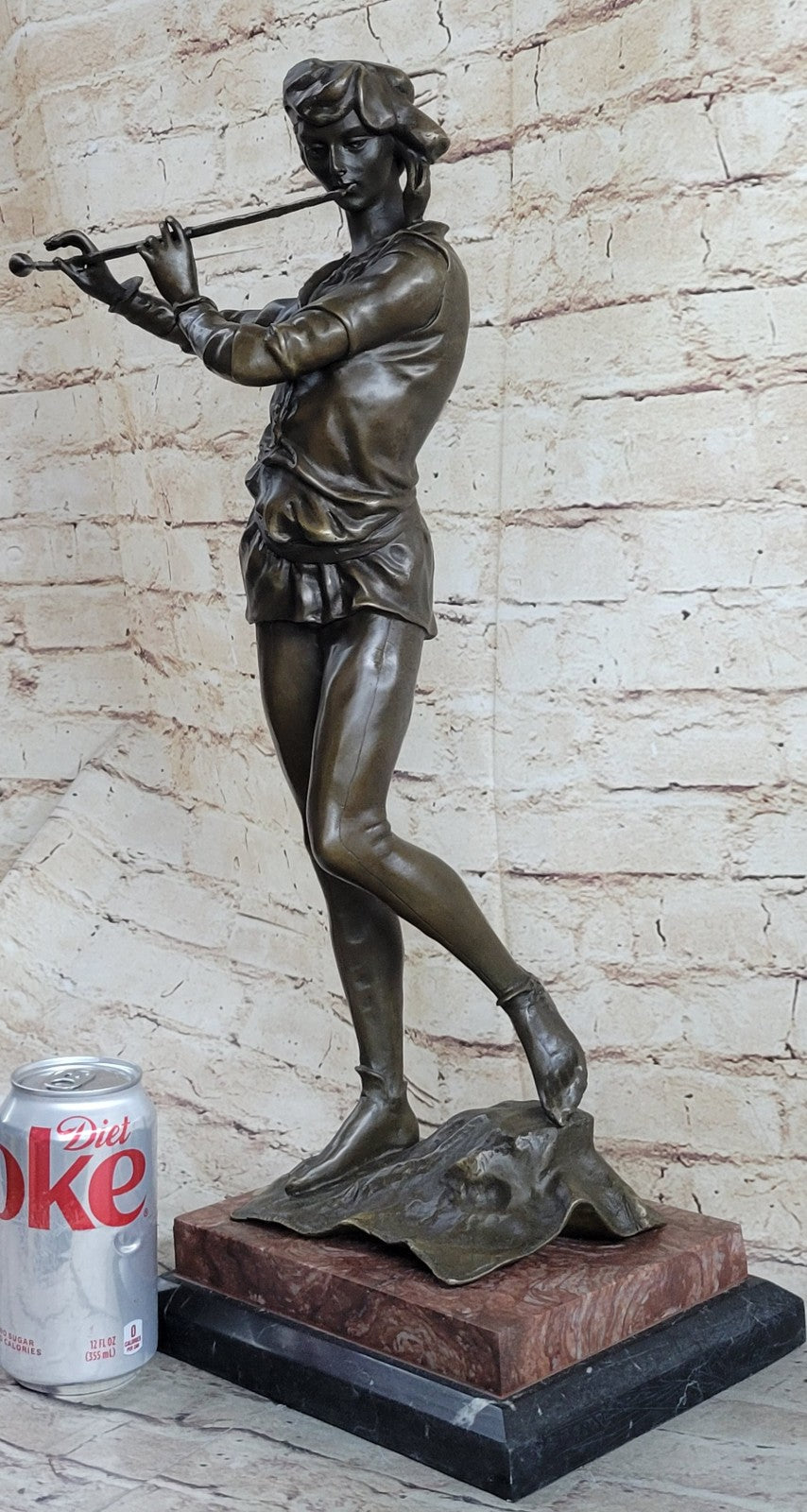 Vintage Classic 100% Bronze Sculpture, Man WITH FLUTE, Fine Detail Artwork